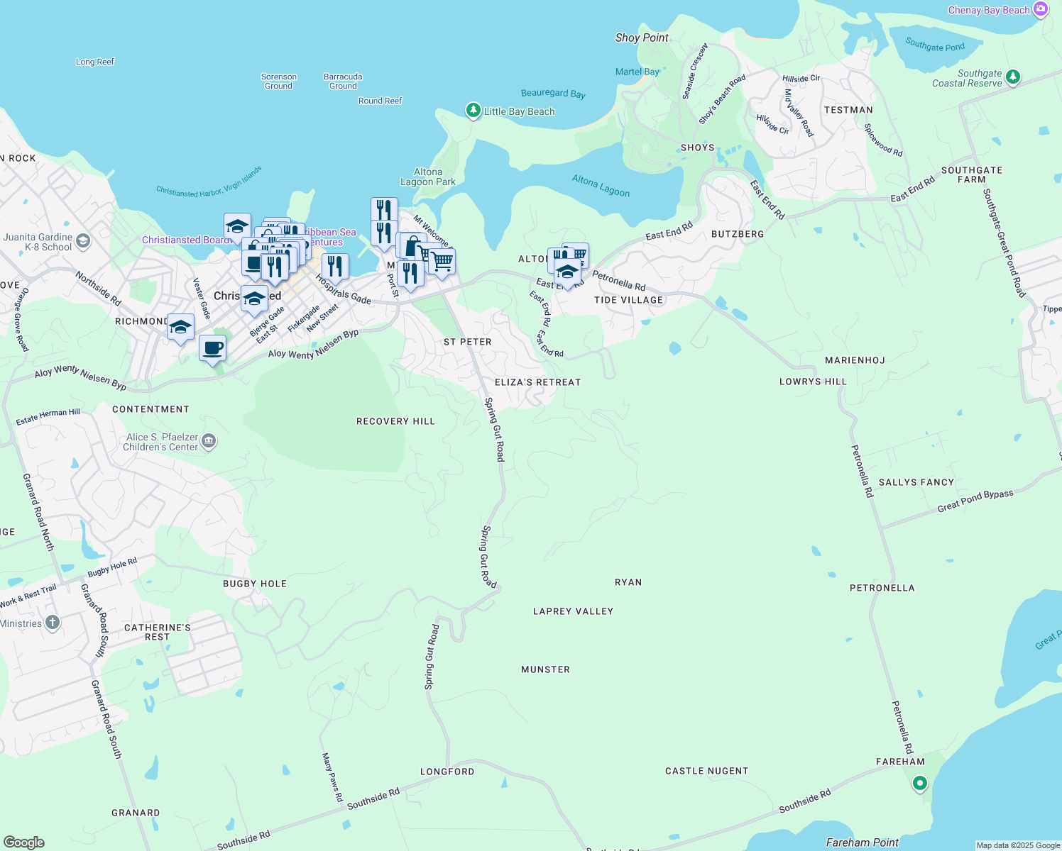 map of restaurants, bars, coffee shops, grocery stores, and more near 65 Tulipan Drive in Anna's Hope Village