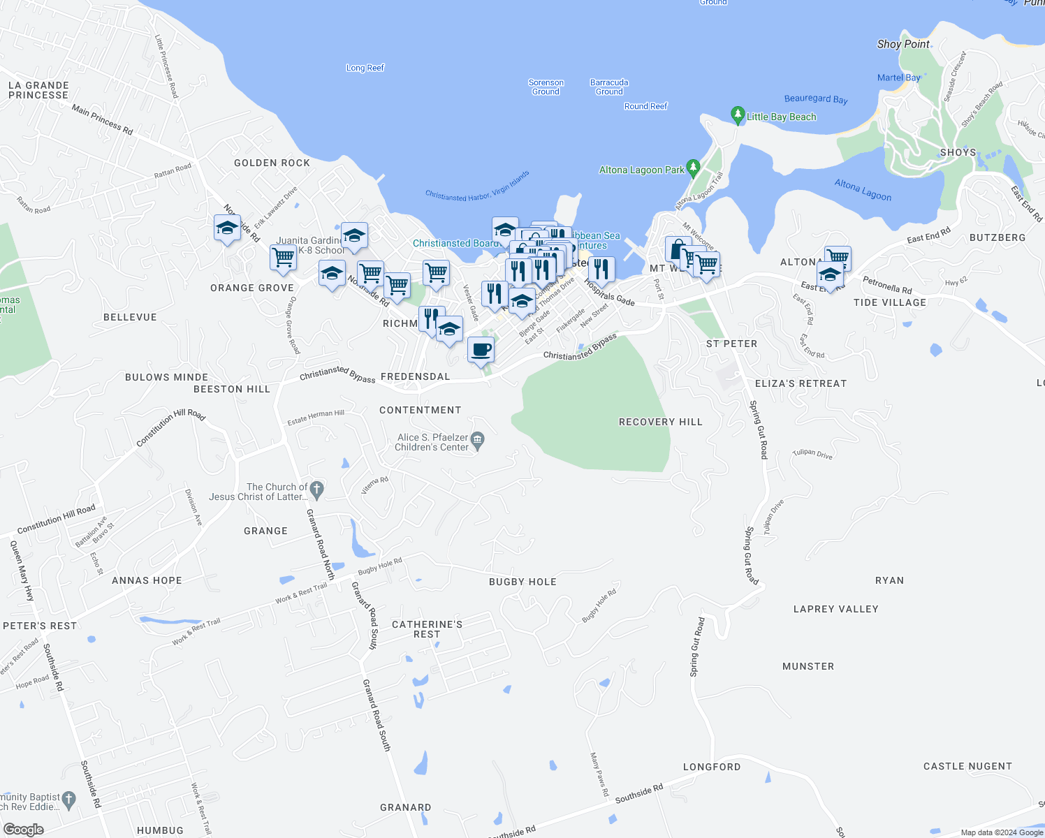 map of restaurants, bars, coffee shops, grocery stores, and more near Unnamed Road in Christiansted