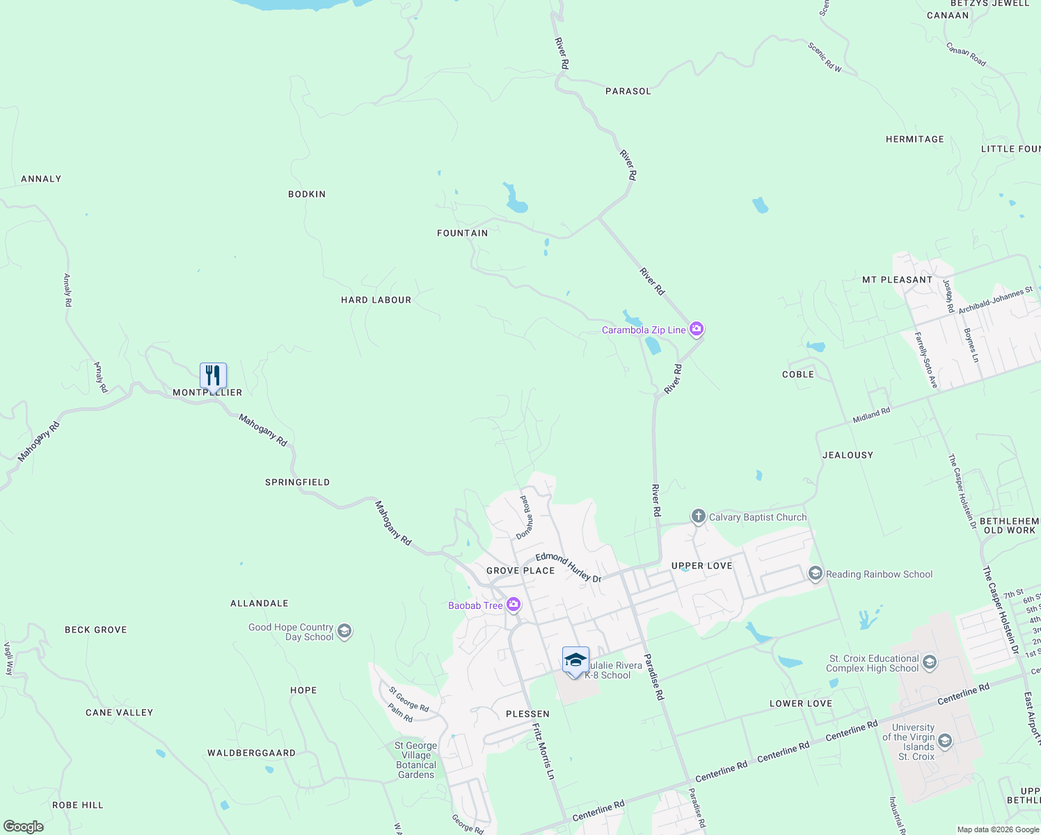 map of restaurants, bars, coffee shops, grocery stores, and more near in Frederiksted Southeast
