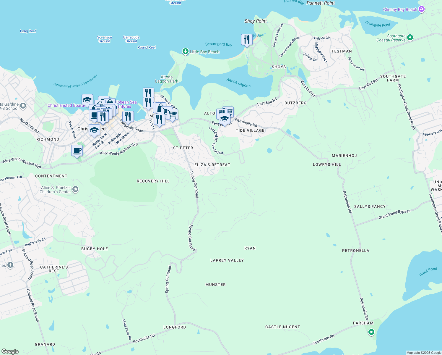 map of restaurants, bars, coffee shops, grocery stores, and more near 65 Tulipan Drive in Anna's Hope Village