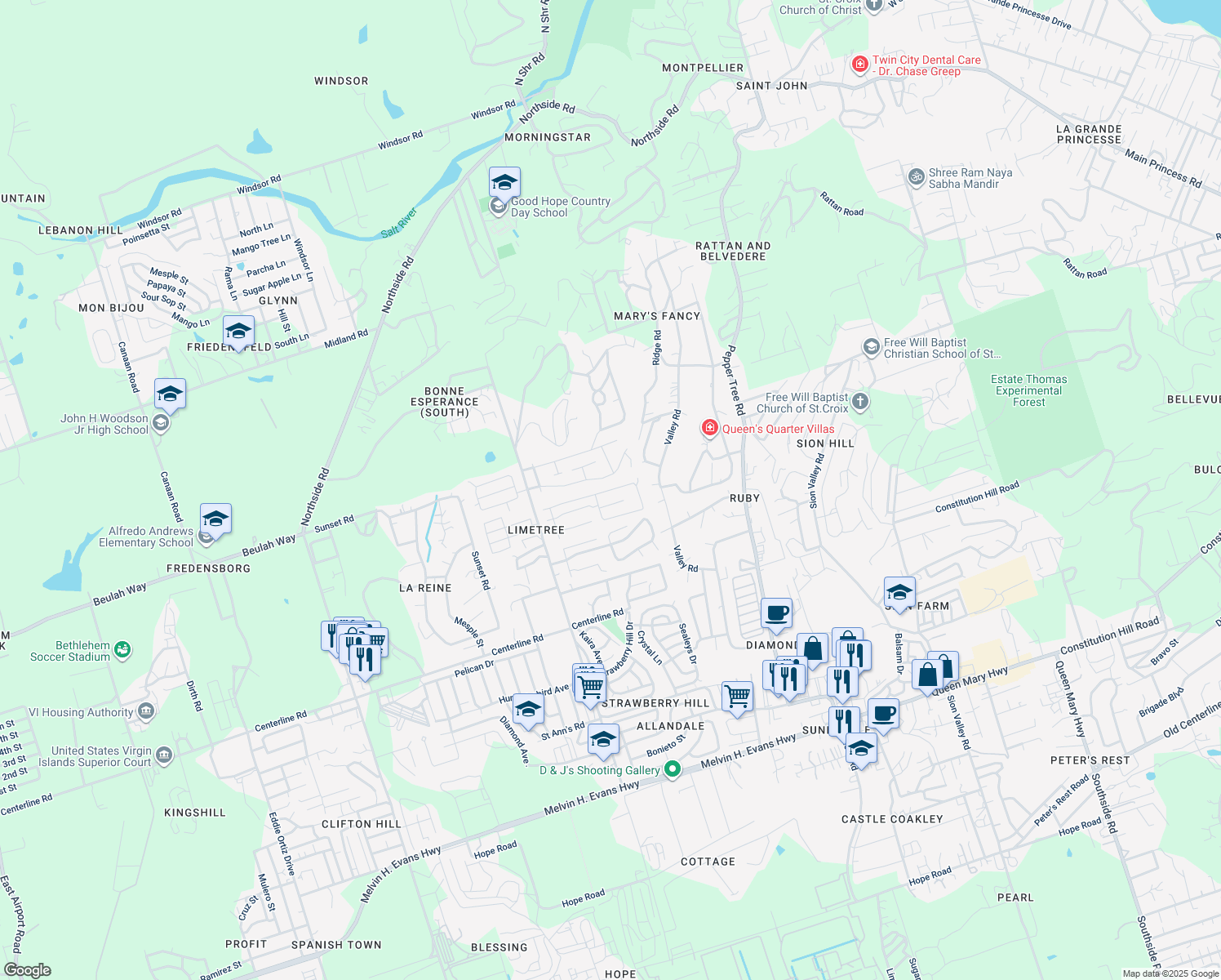 map of restaurants, bars, coffee shops, grocery stores, and more near Unnamed Road in Christiansted