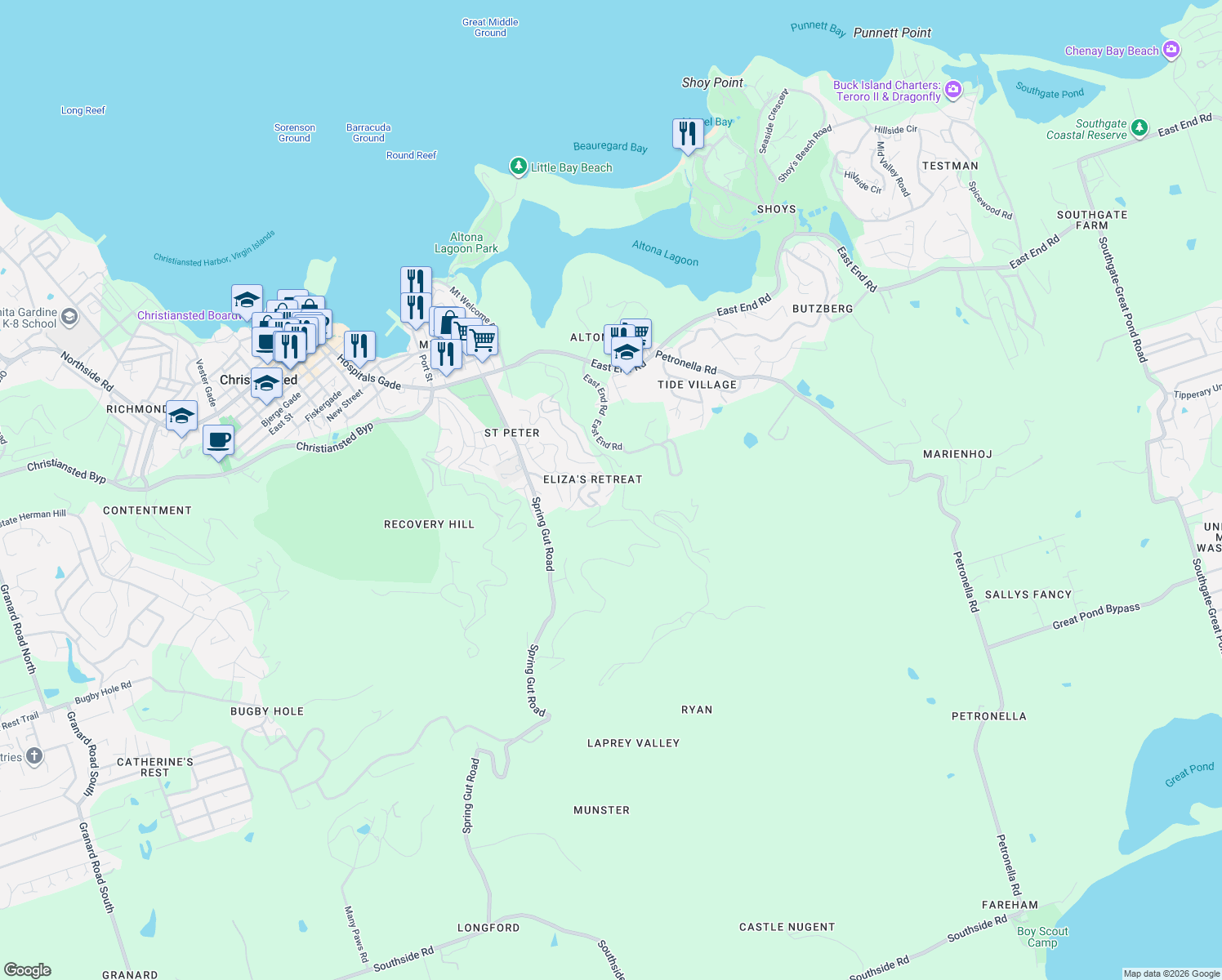 map of restaurants, bars, coffee shops, grocery stores, and more near in Anna's Hope Village