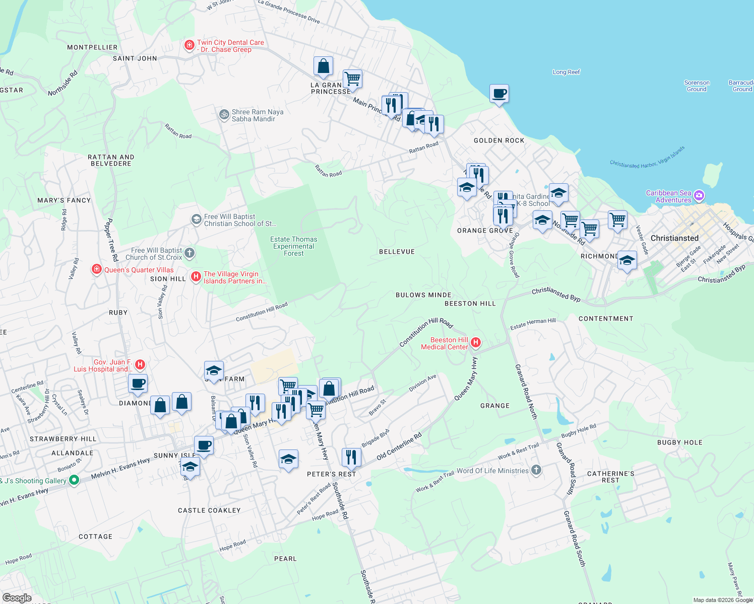 map of restaurants, bars, coffee shops, grocery stores, and more near Route 708 in Christiansted