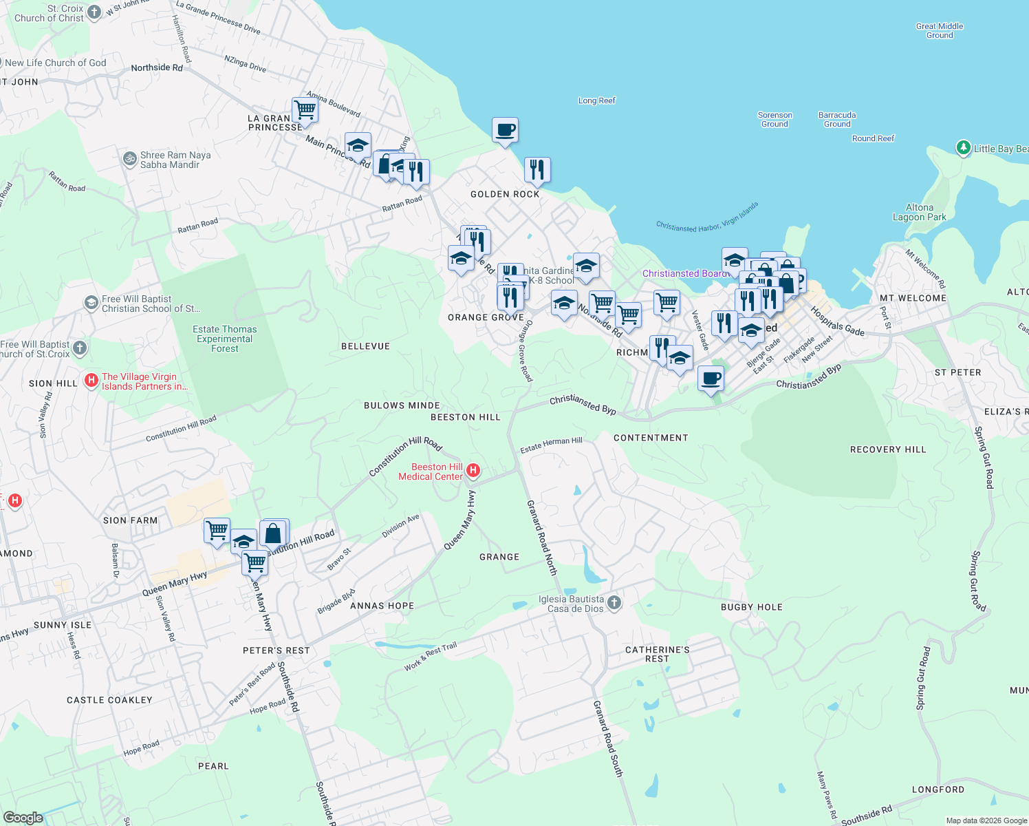 map of restaurants, bars, coffee shops, grocery stores, and more near Highway 70 in Christiansted