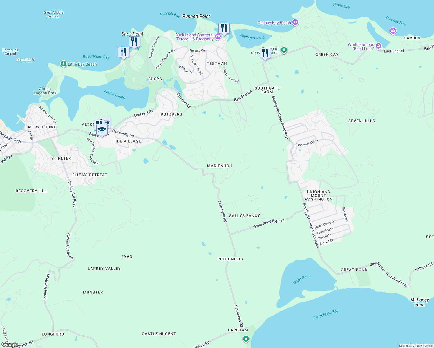 map of restaurants, bars, coffee shops, grocery stores, and more near Marienhoj Road in Christiansted