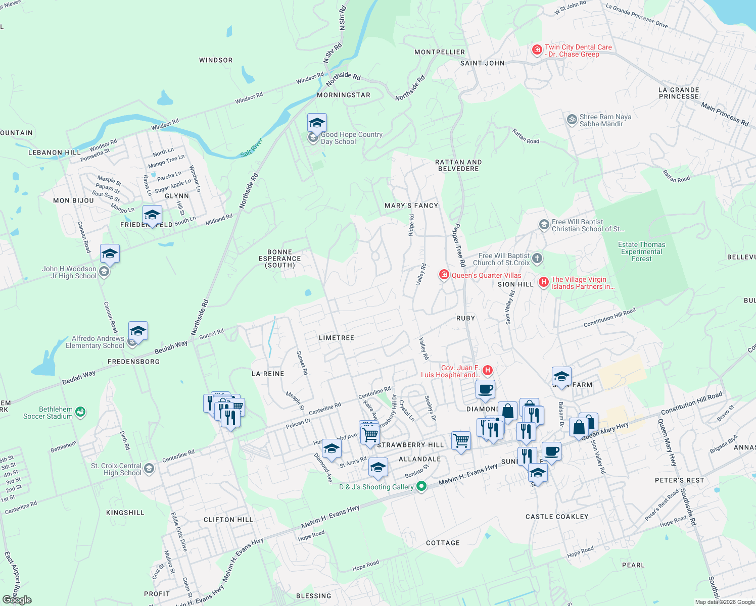 map of restaurants, bars, coffee shops, grocery stores, and more near Unnamed Road in Christiansted