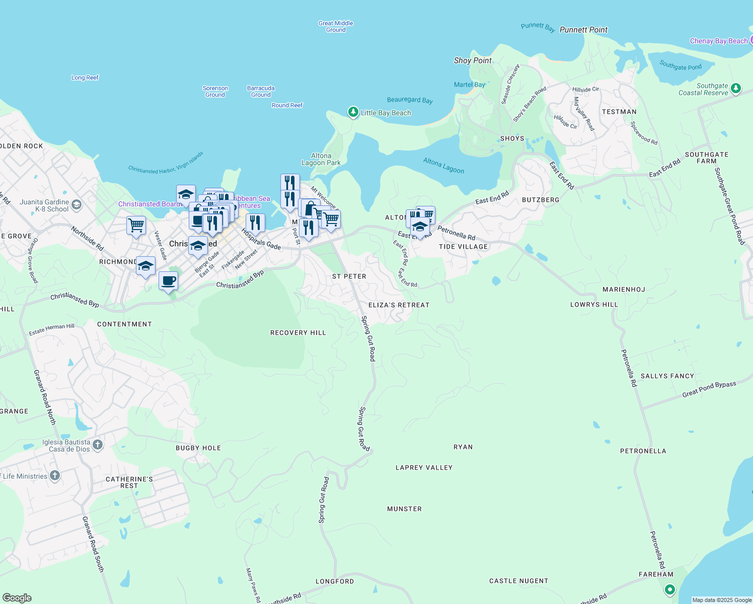 map of restaurants, bars, coffee shops, grocery stores, and more near 41 Mahogany Welcome in Christiansted
