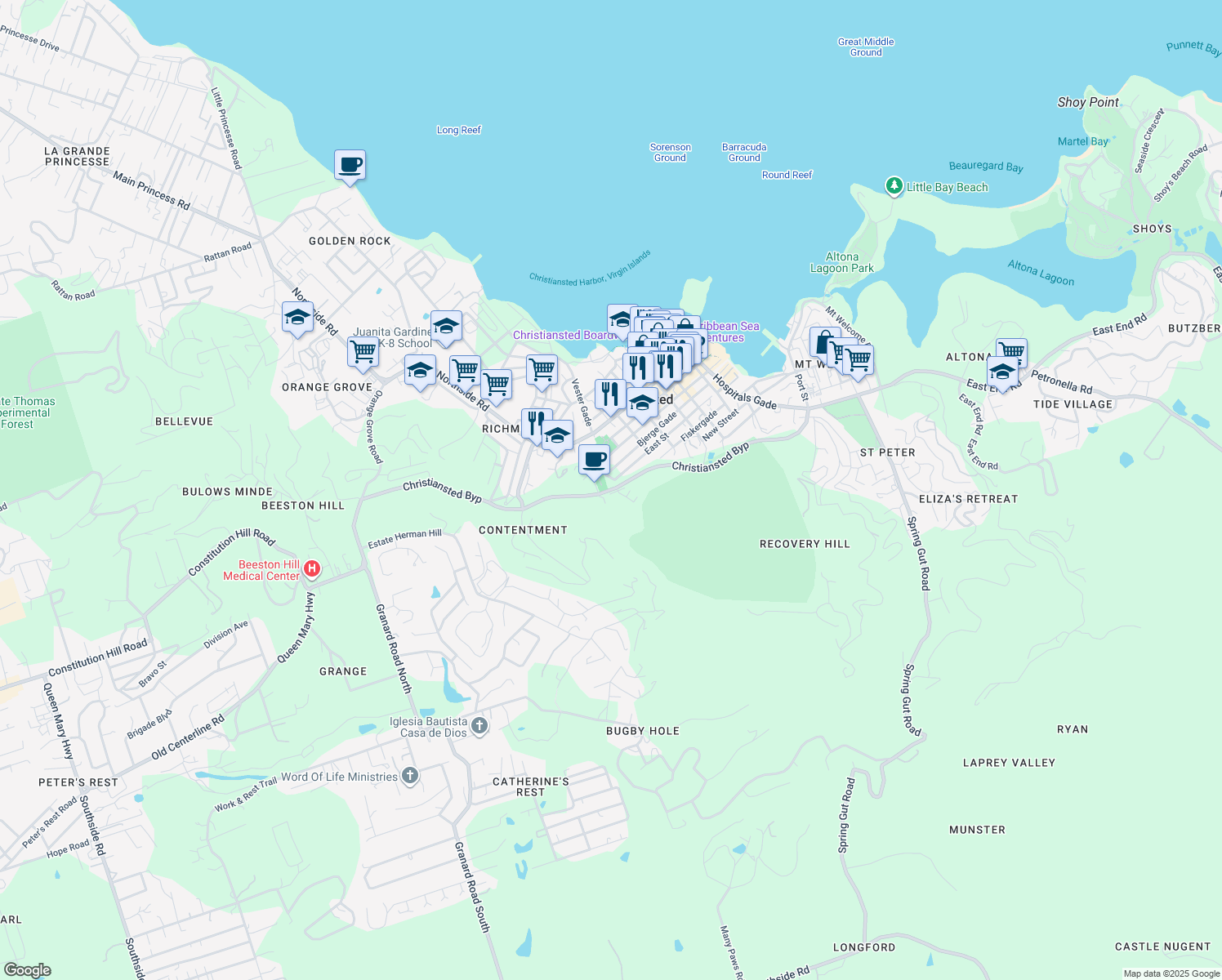 map of restaurants, bars, coffee shops, grocery stores, and more near West Street in Christiansted