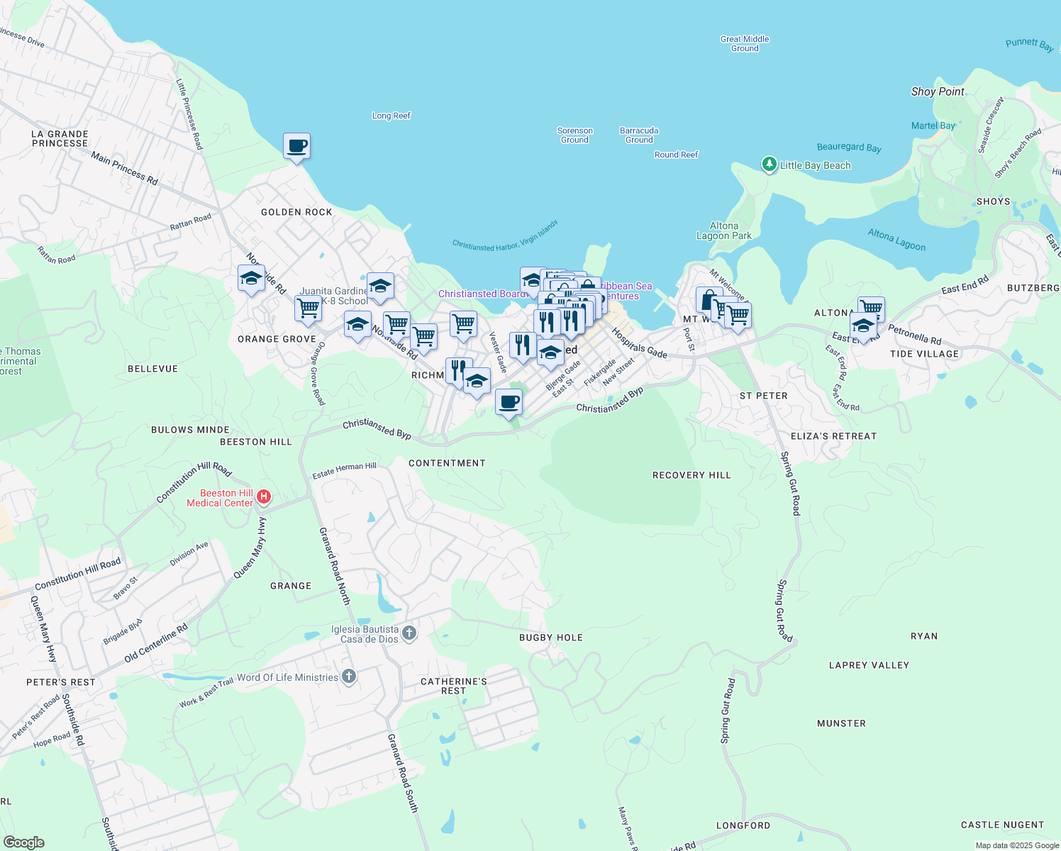 map of restaurants, bars, coffee shops, grocery stores, and more near Christiansted Bypass in Christiansted