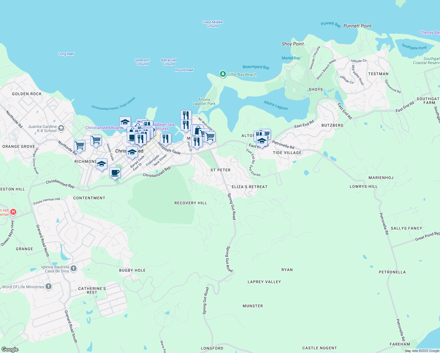 map of restaurants, bars, coffee shops, grocery stores, and more near 41 Mahogany Welcome in Christiansted