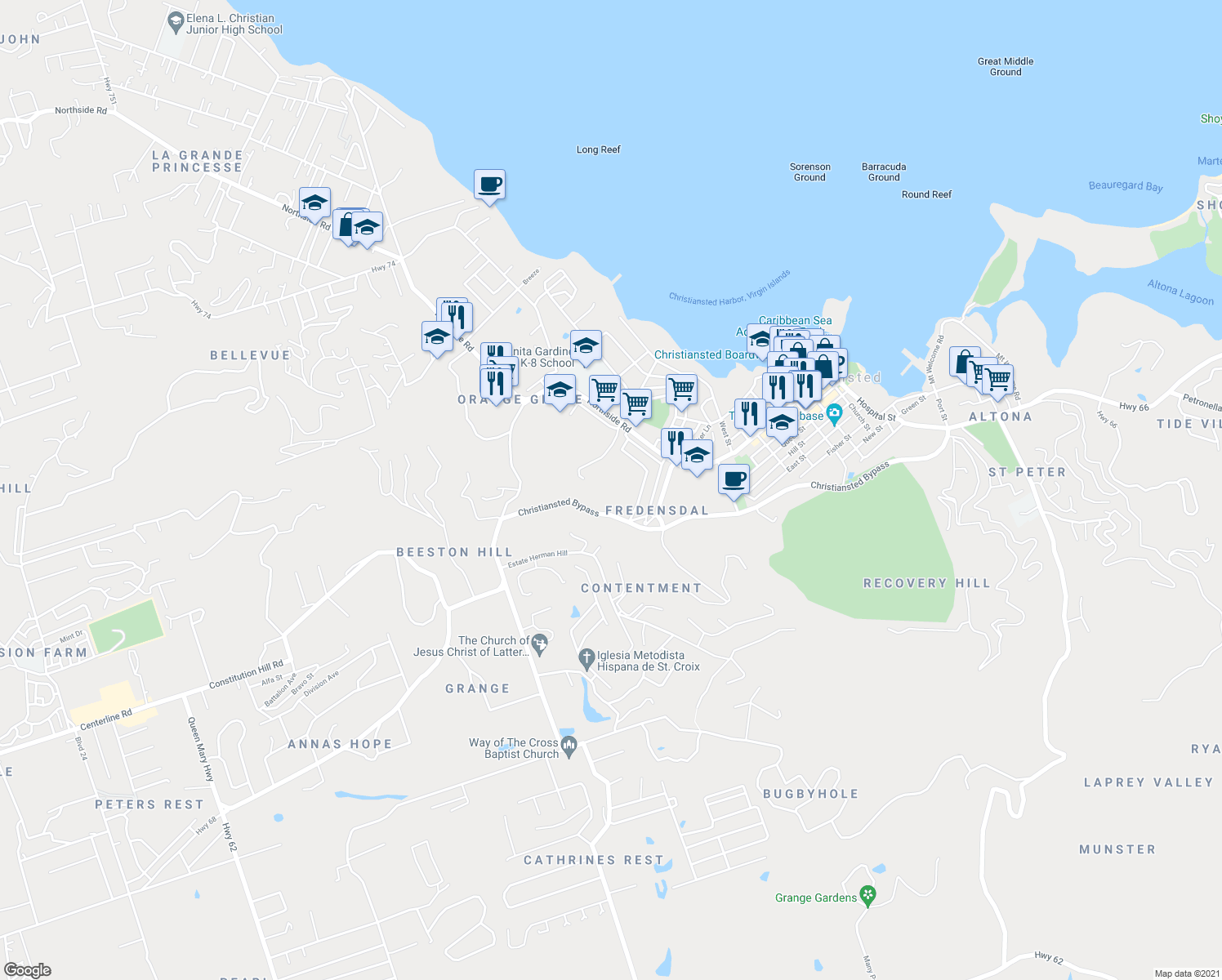 map of restaurants, bars, coffee shops, grocery stores, and more near Christiansted Bypass in Christiansted