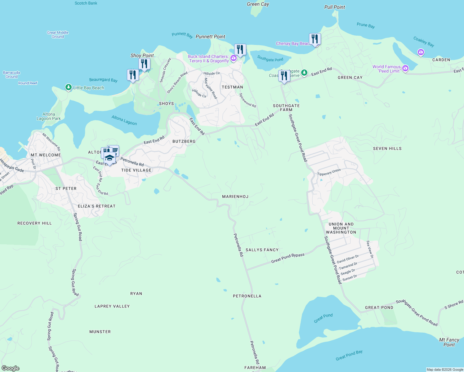 map of restaurants, bars, coffee shops, grocery stores, and more near Southside Road in Christiansted