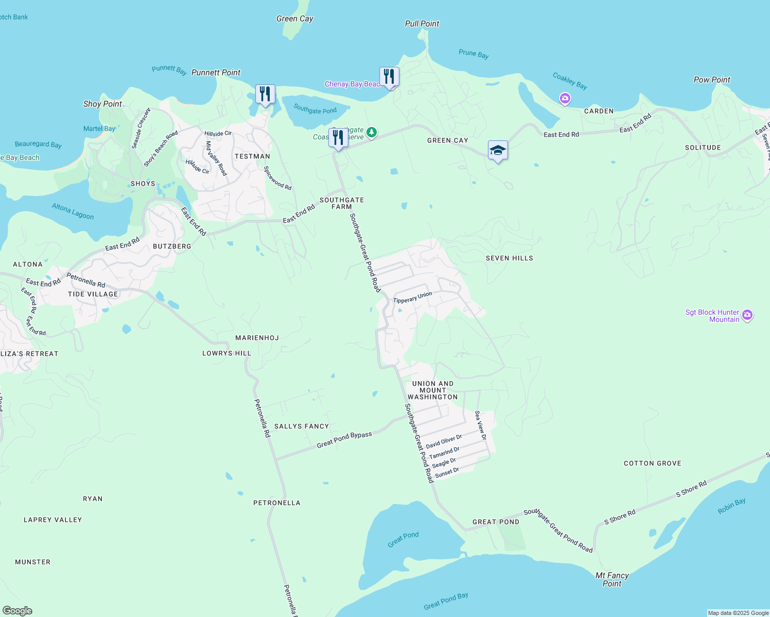 map of restaurants, bars, coffee shops, grocery stores, and more near 113 Tipperary Road in Christiansted