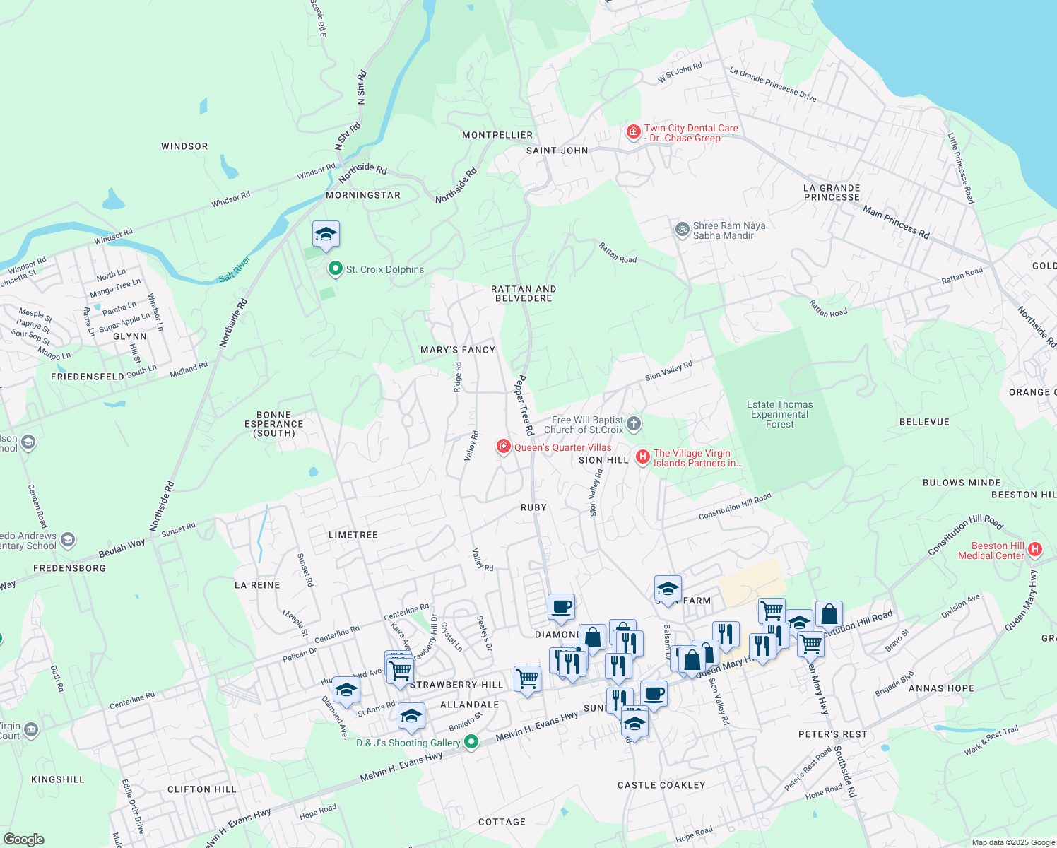 map of restaurants, bars, coffee shops, grocery stores, and more near Pepper Tree Road in Christiansted