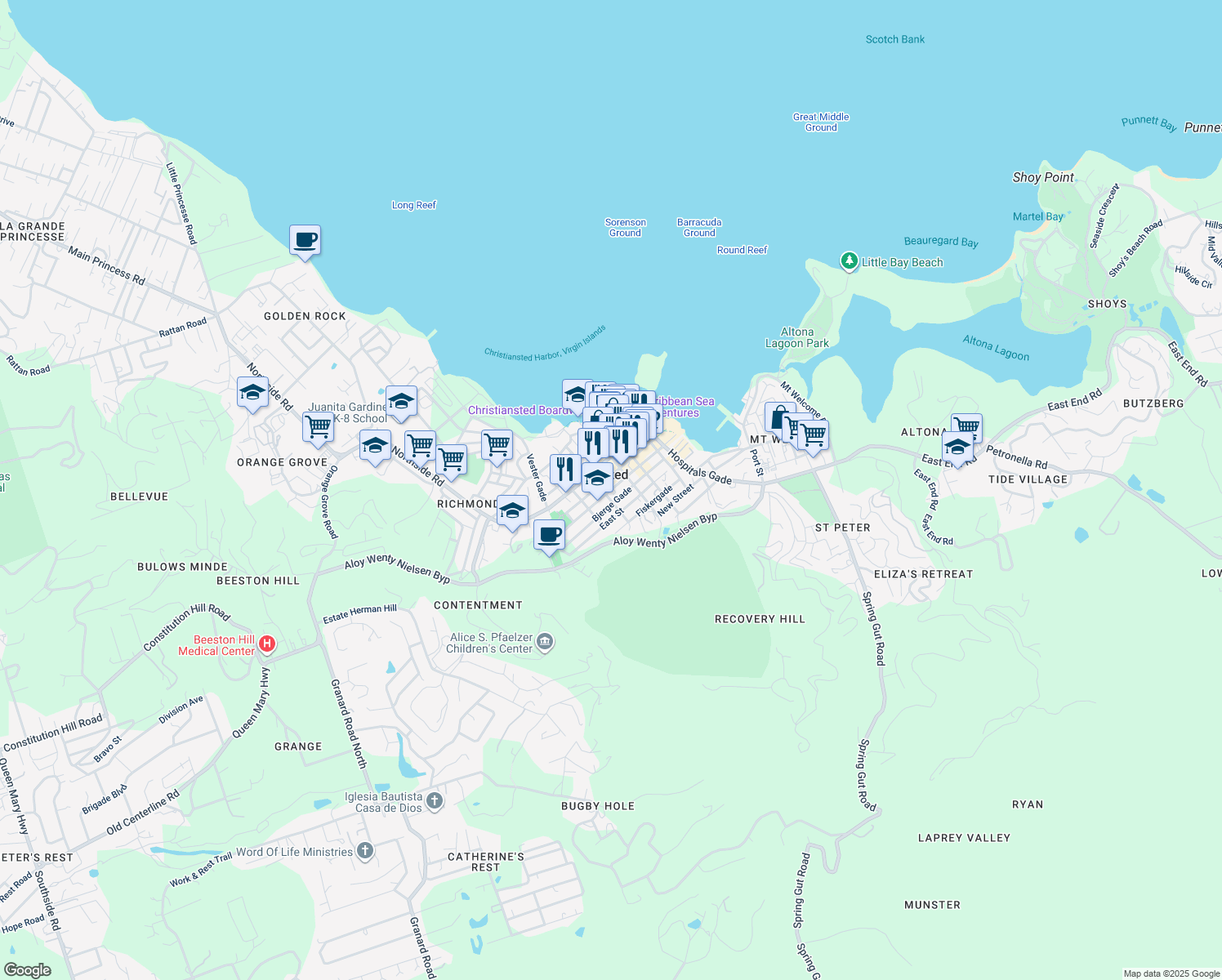 map of restaurants, bars, coffee shops, grocery stores, and more near in Christiansted