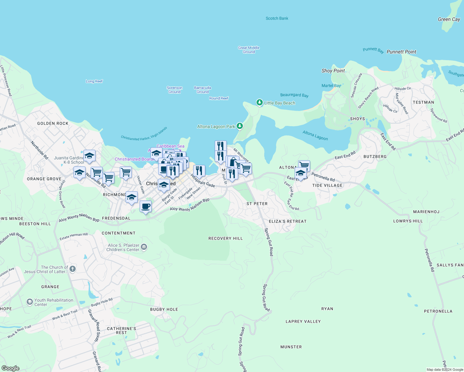 map of restaurants, bars, coffee shops, grocery stores, and more near East End Road in Christiansted