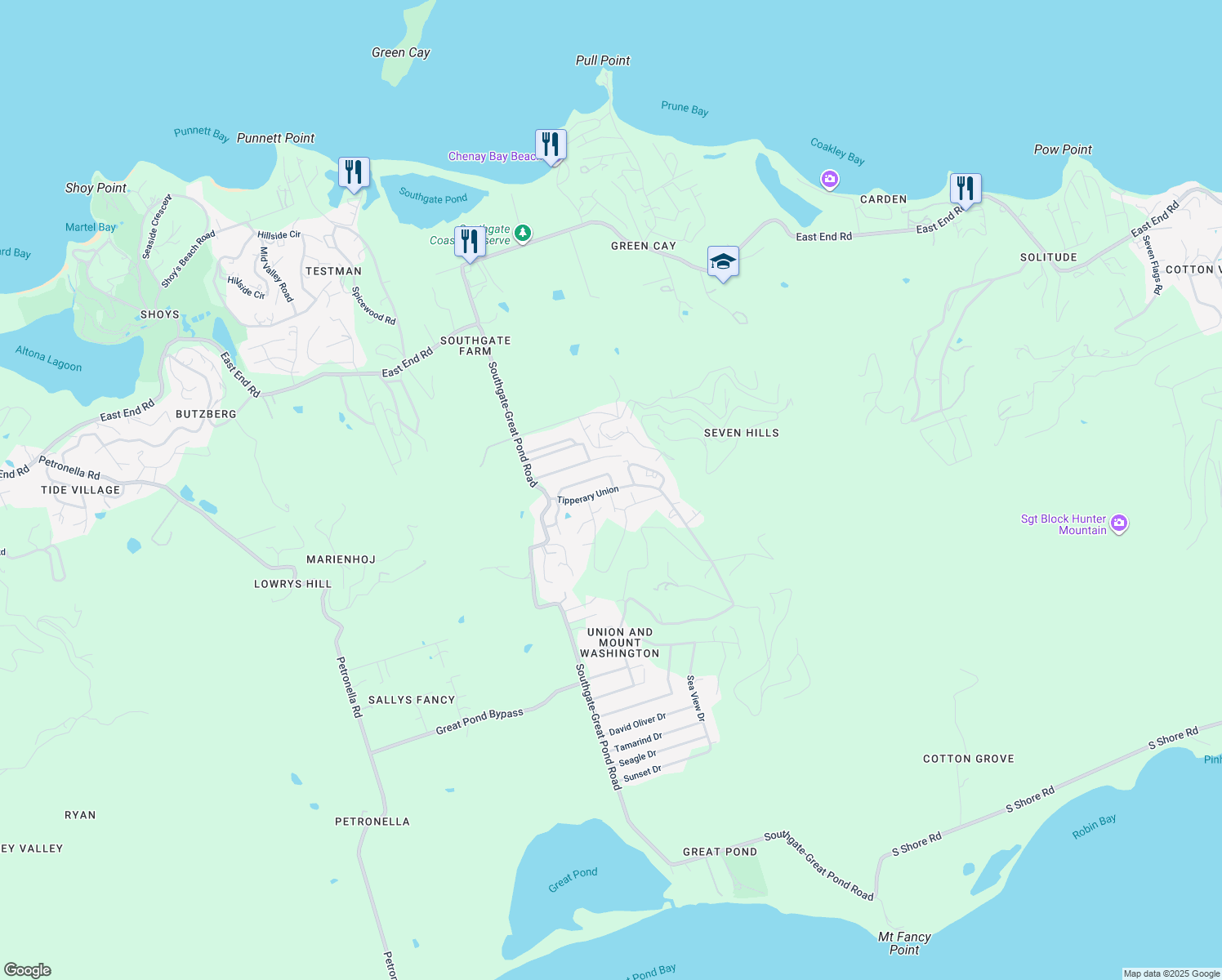 map of restaurants, bars, coffee shops, grocery stores, and more near 113 Tipperary Road in Christiansted