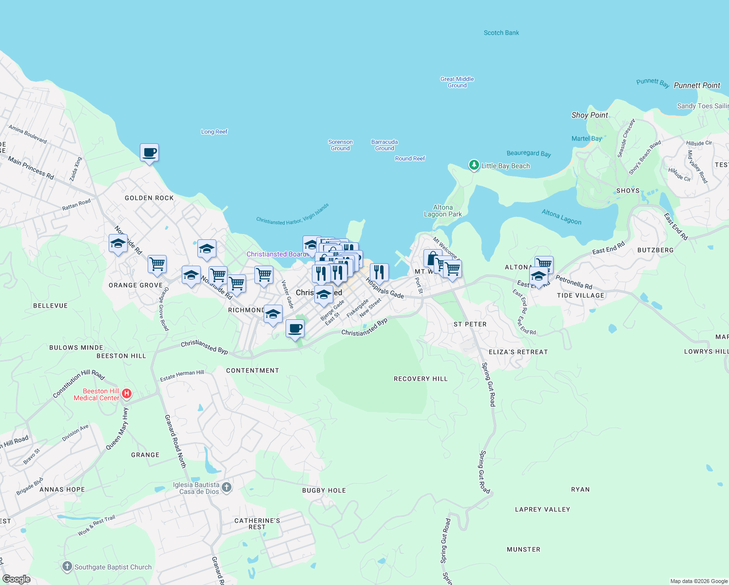 map of restaurants, bars, coffee shops, grocery stores, and more near in Christiansted