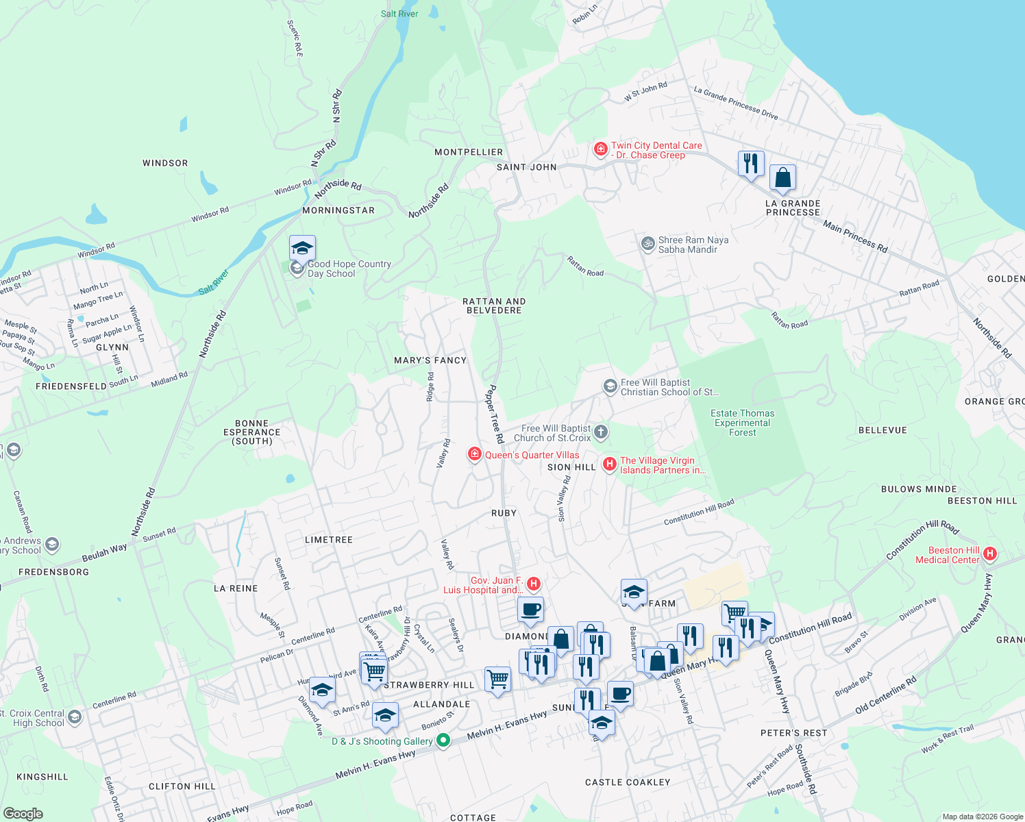 map of restaurants, bars, coffee shops, grocery stores, and more near 2 Rattan Road in Christiansted