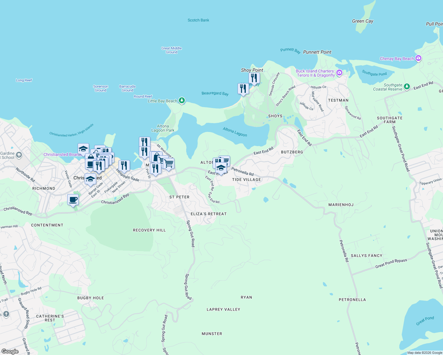 map of restaurants, bars, coffee shops, grocery stores, and more near East End Road in Christiansted