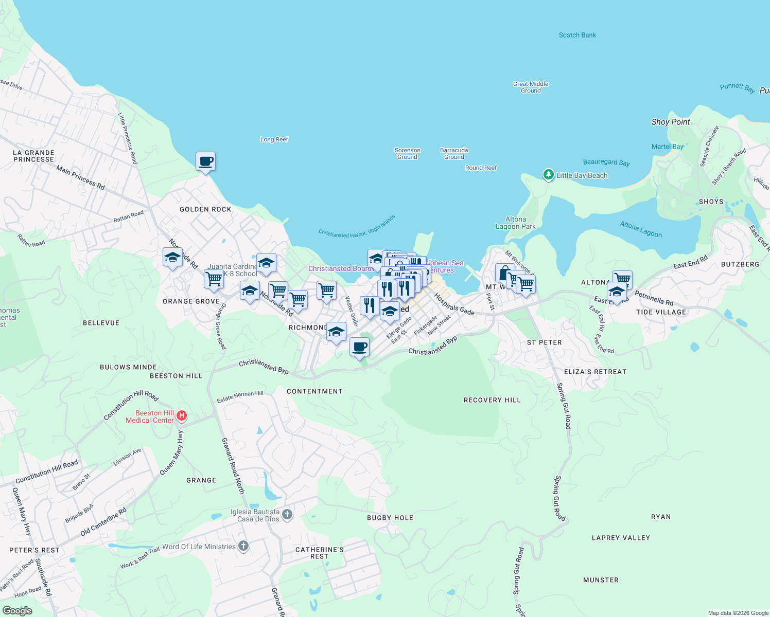 map of restaurants, bars, coffee shops, grocery stores, and more near in Christiansted