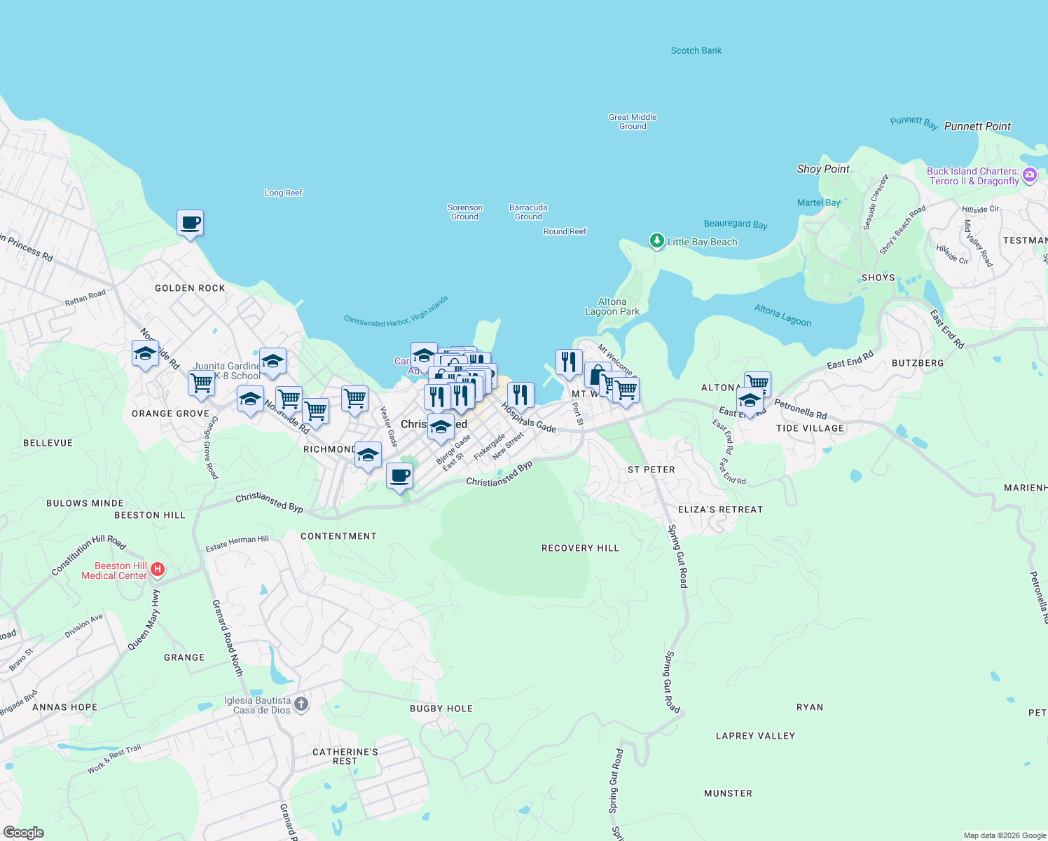 map of restaurants, bars, coffee shops, grocery stores, and more near Hospital Street in Christiansted