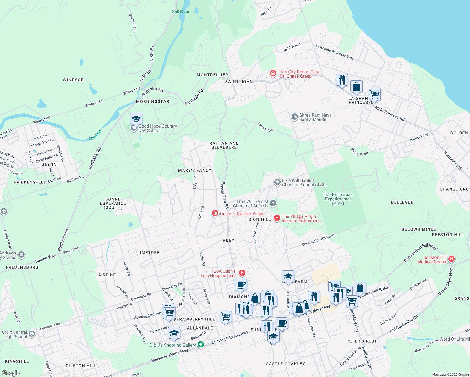 map of restaurants, bars, coffee shops, grocery stores, and more near 2 Rattan Road in Christiansted
