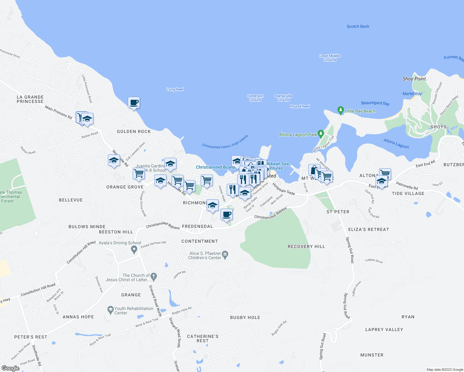 map of restaurants, bars, coffee shops, grocery stores, and more near North Street in Christiansted