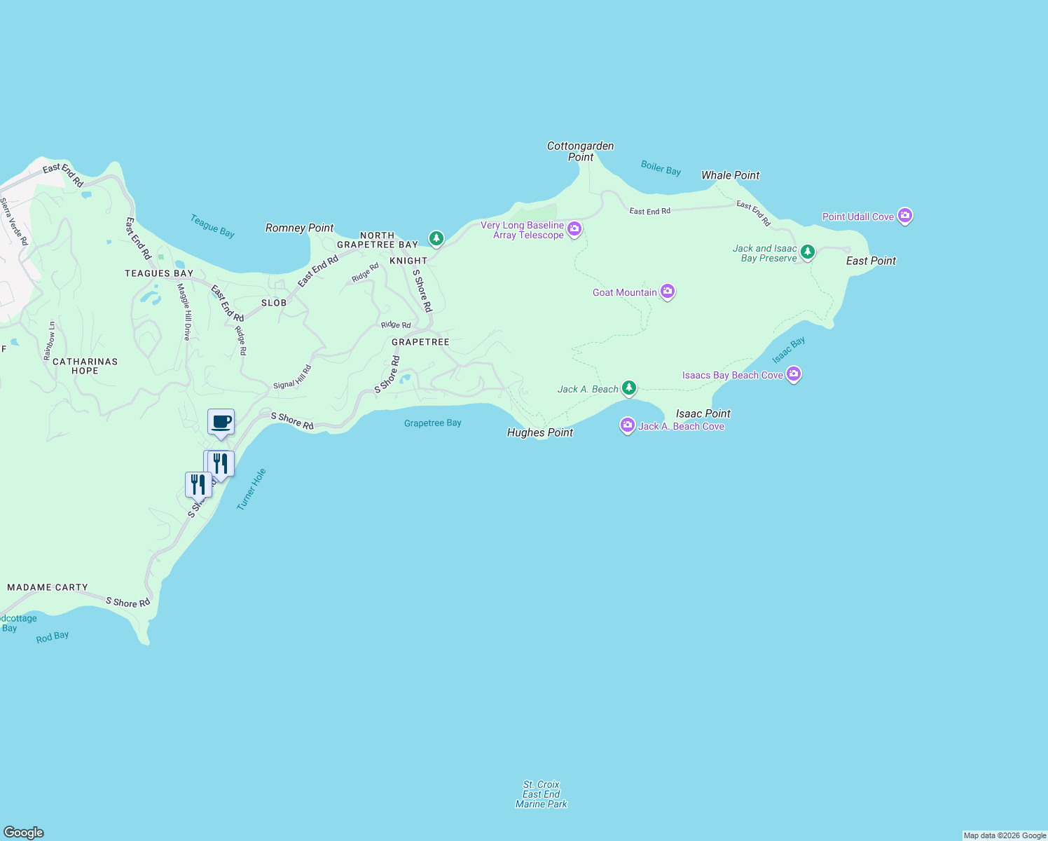 map of restaurants, bars, coffee shops, grocery stores, and more near Point Road in Christiansted