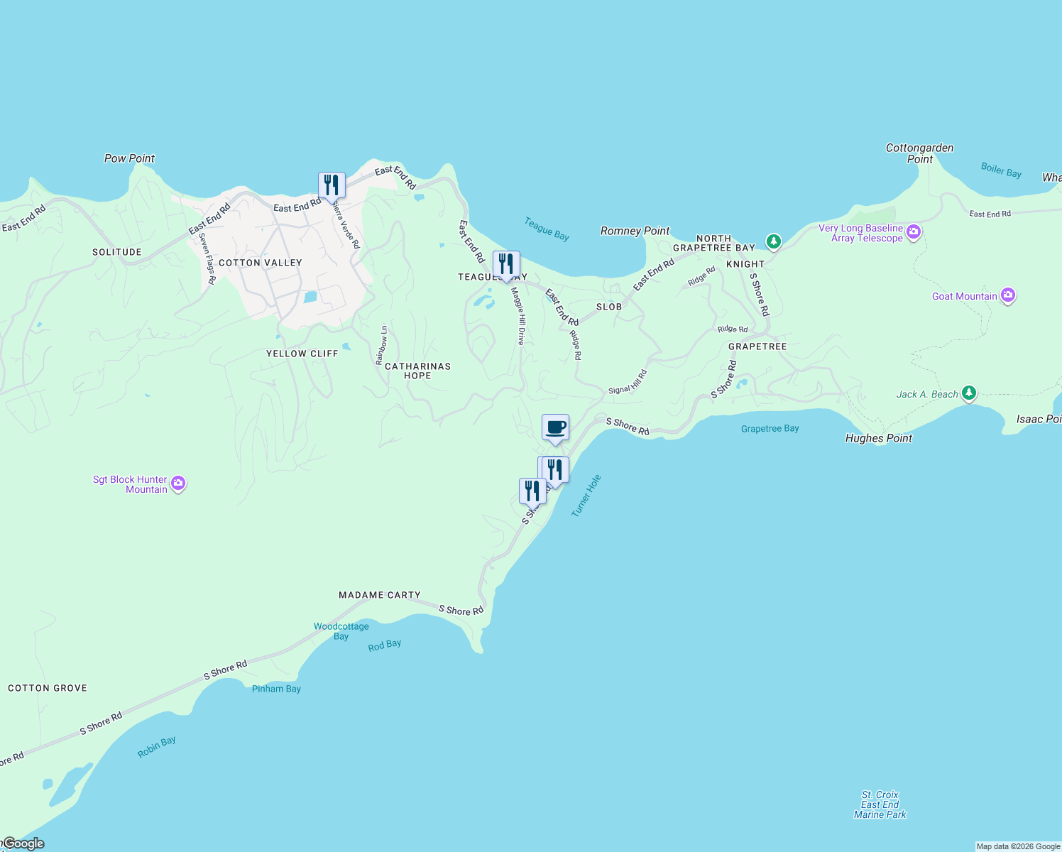 map of restaurants, bars, coffee shops, grocery stores, and more near Ridge Road in Christiansted
