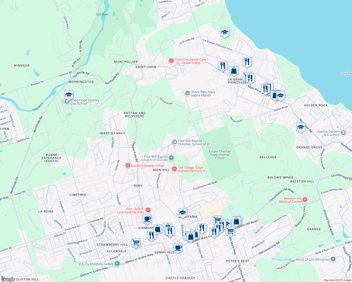 map of restaurants, bars, coffee shops, grocery stores, and more near 121 Route 81 in Christiansted