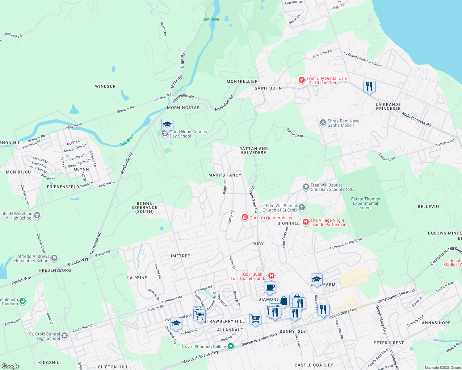 map of restaurants, bars, coffee shops, grocery stores, and more near 163 Valley Road in Christiansted