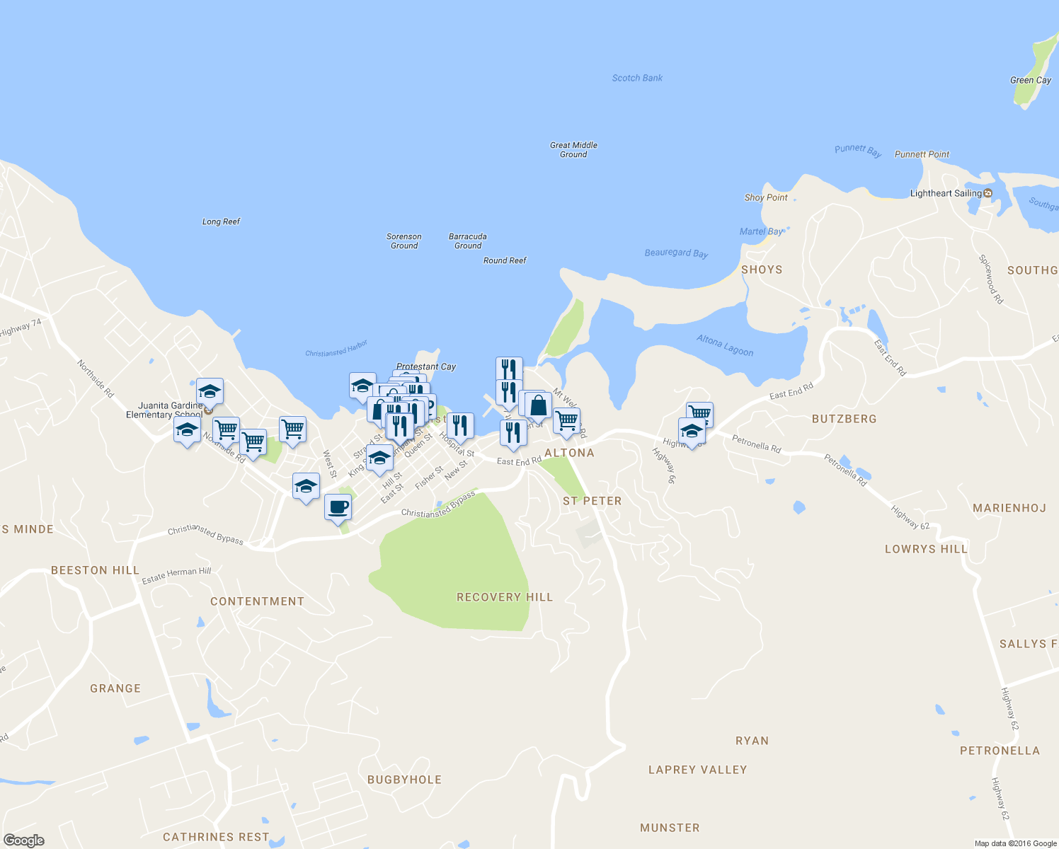 map of restaurants, bars, coffee shops, grocery stores, and more near Garden Street in Christiansted