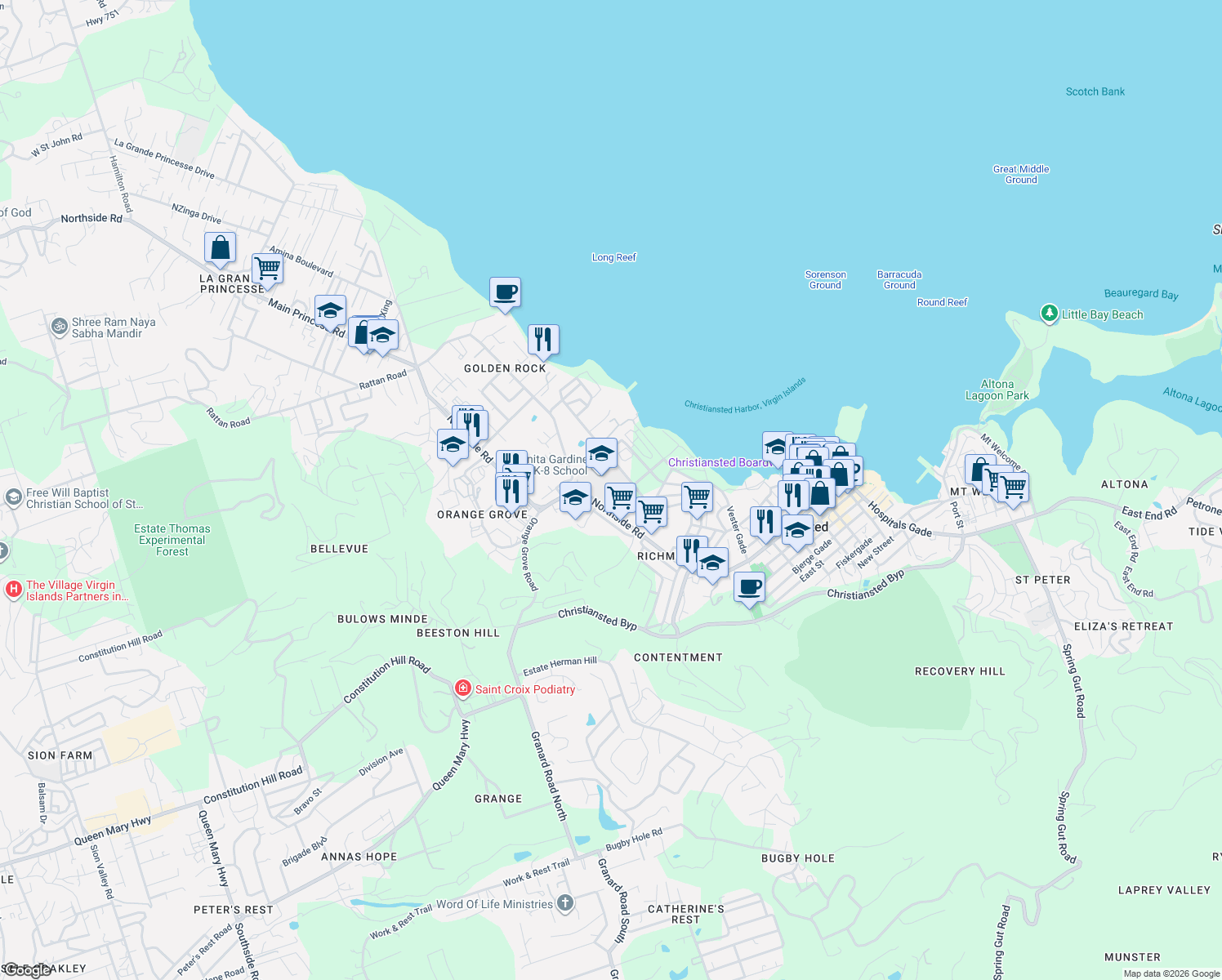 map of restaurants, bars, coffee shops, grocery stores, and more near Northside Road in Christiansted