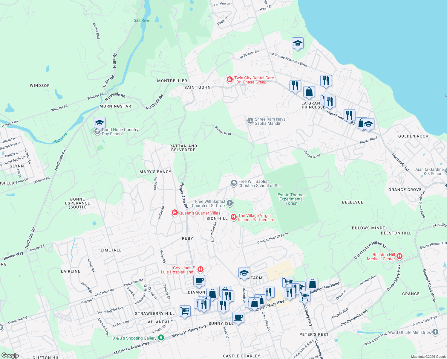 map of restaurants, bars, coffee shops, grocery stores, and more near 121 Route 81 in Christiansted