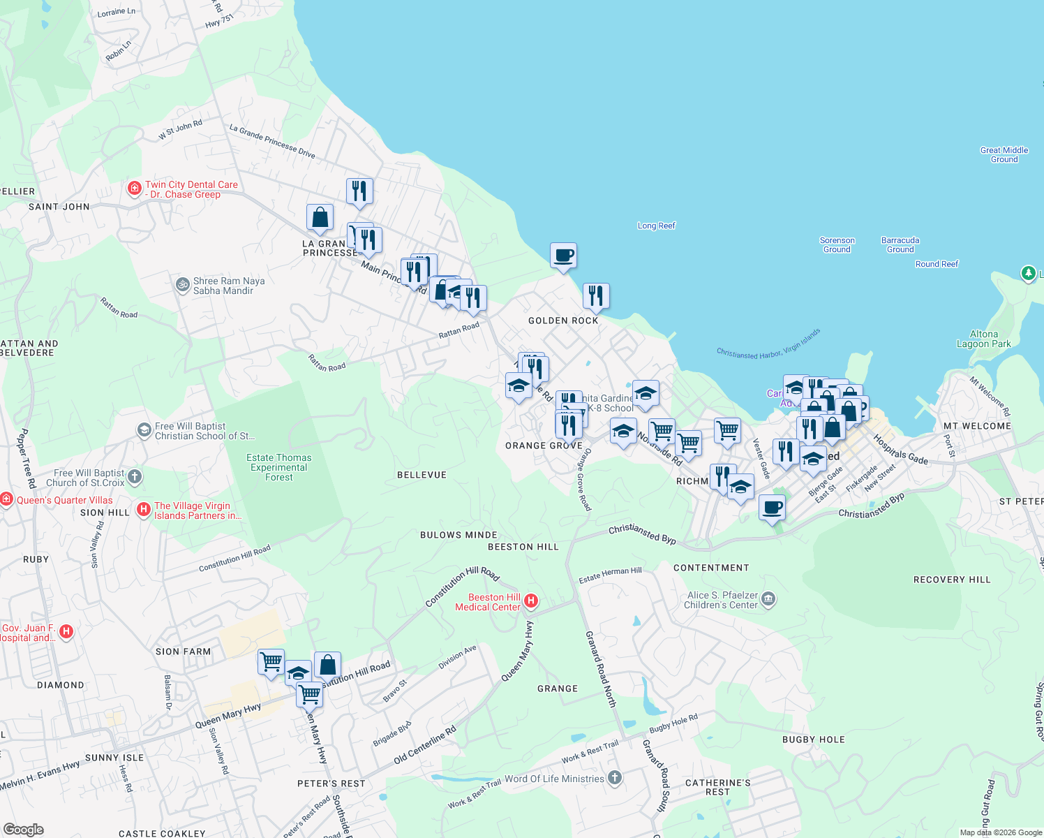 map of restaurants, bars, coffee shops, grocery stores, and more near Northside Road in Christiansted