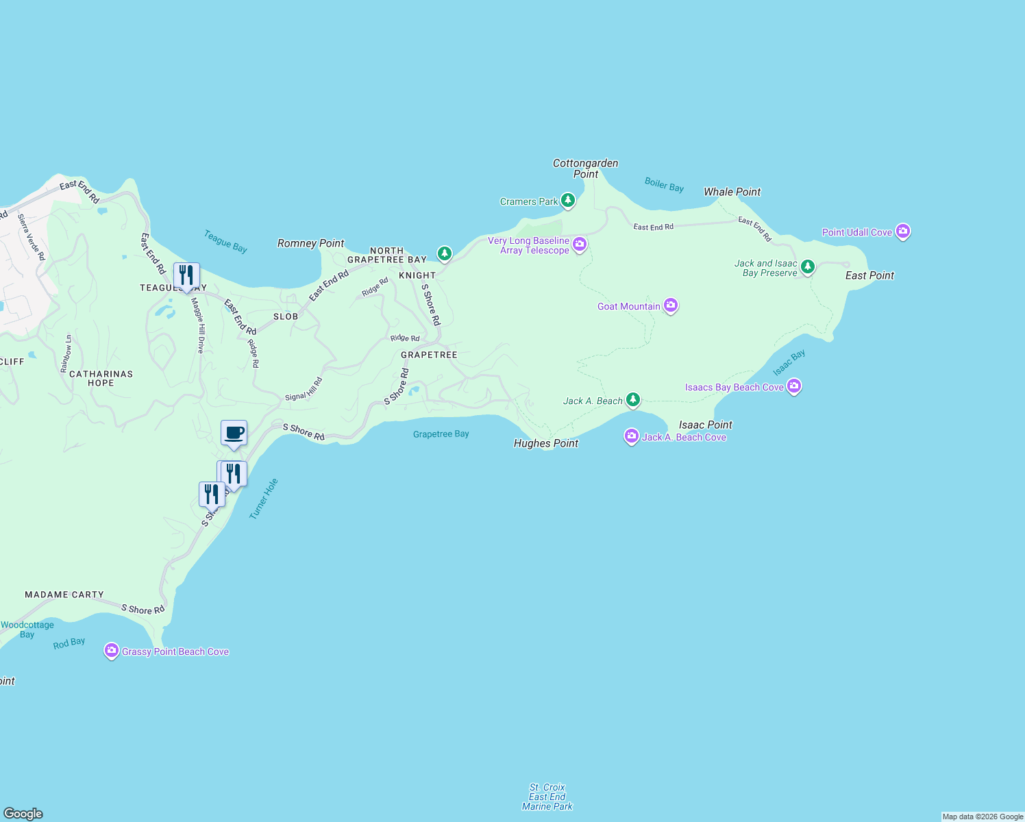 map of restaurants, bars, coffee shops, grocery stores, and more near Point Road in Christiansted