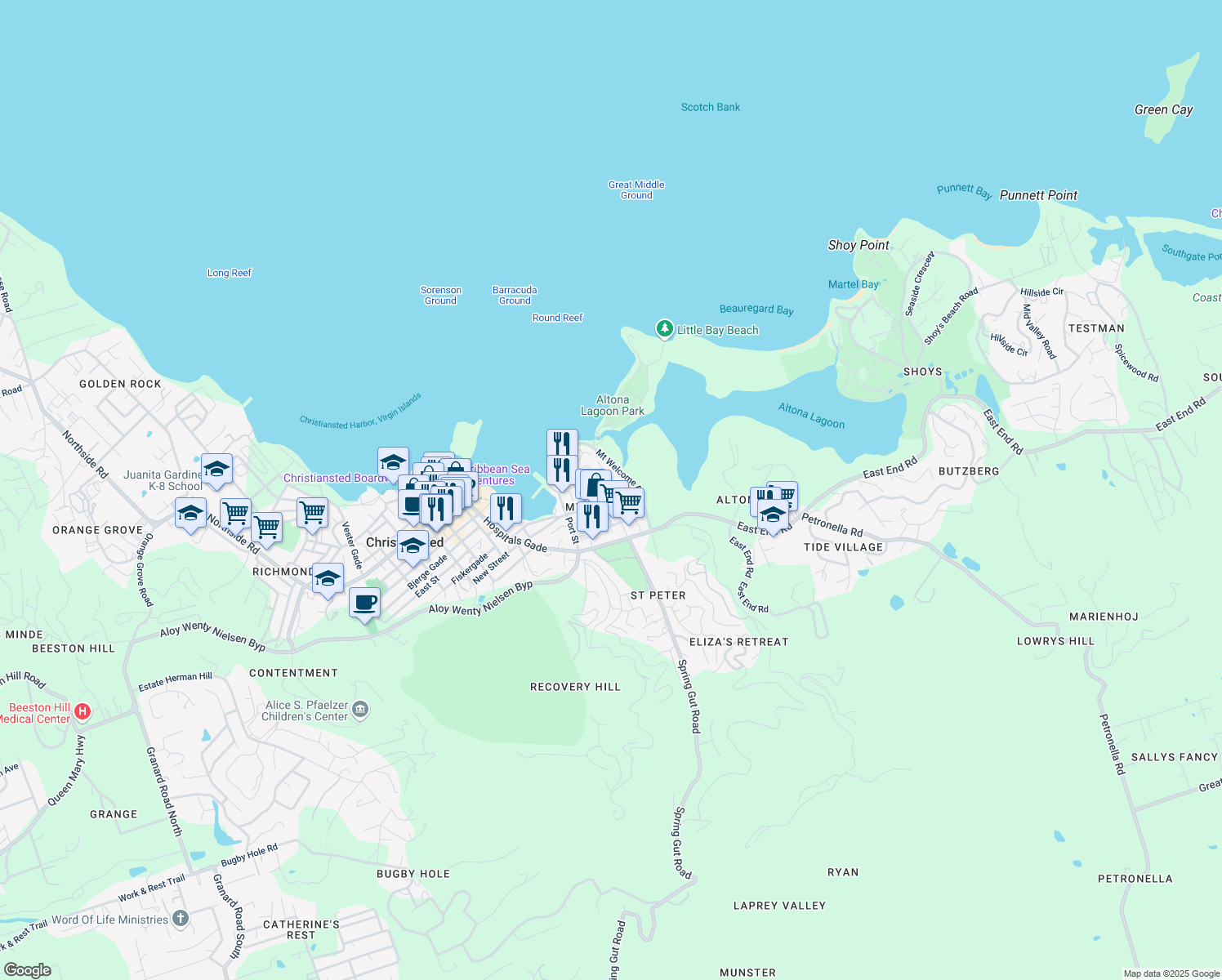map of restaurants, bars, coffee shops, grocery stores, and more near Garden Street in Christiansted