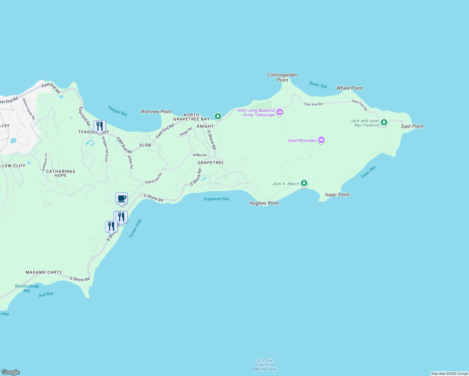 map of restaurants, bars, coffee shops, grocery stores, and more near 16 South Grape Tree Road in East End