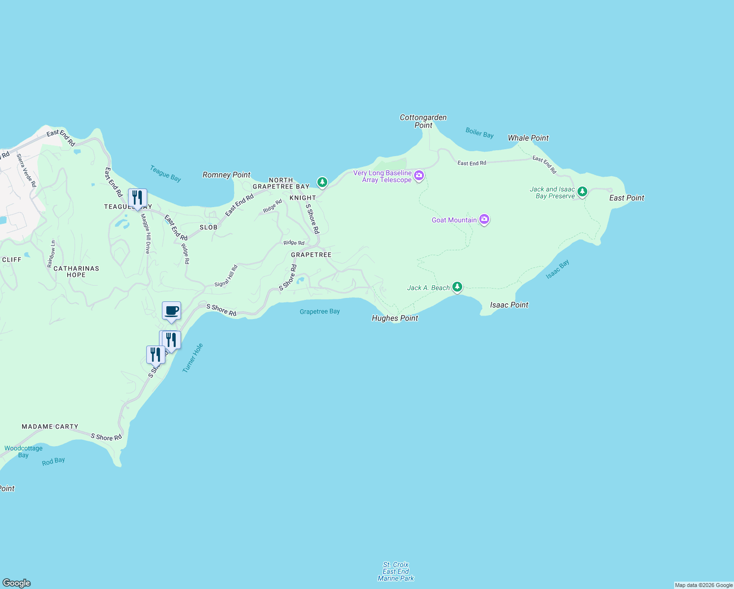 map of restaurants, bars, coffee shops, grocery stores, and more near Point Road in Christiansted