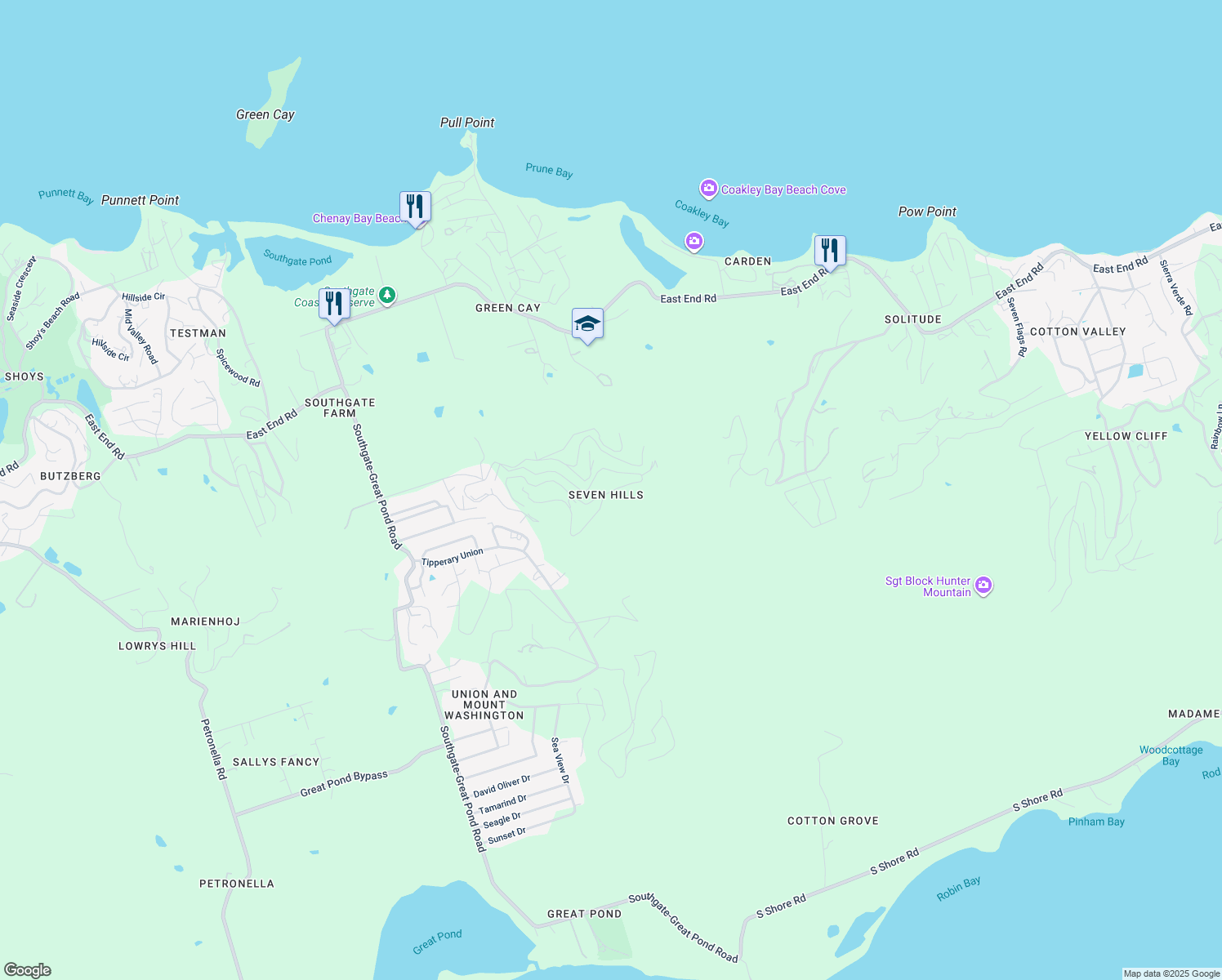 map of restaurants, bars, coffee shops, grocery stores, and more near East End Road in Christiansted