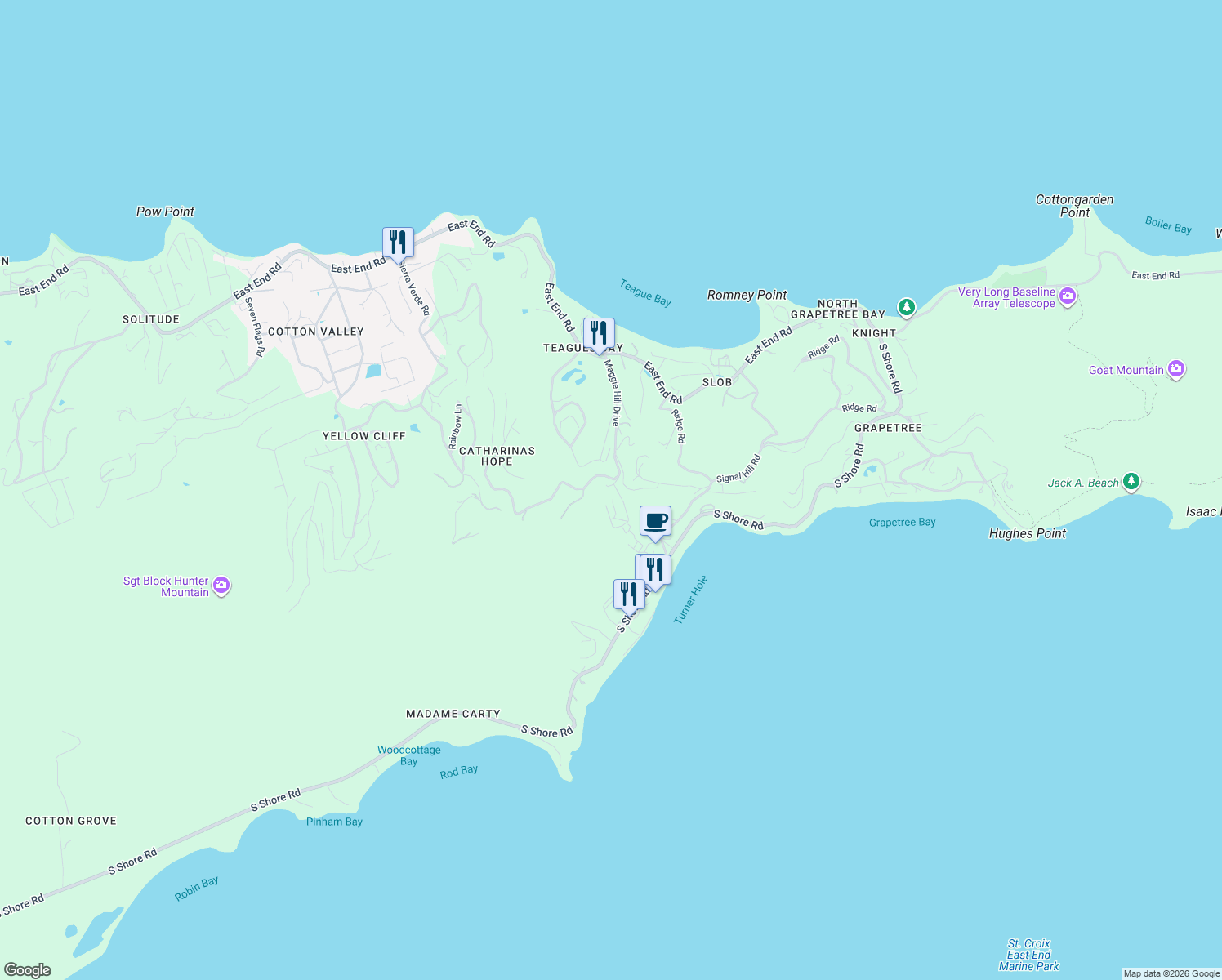map of restaurants, bars, coffee shops, grocery stores, and more near in Christiansted