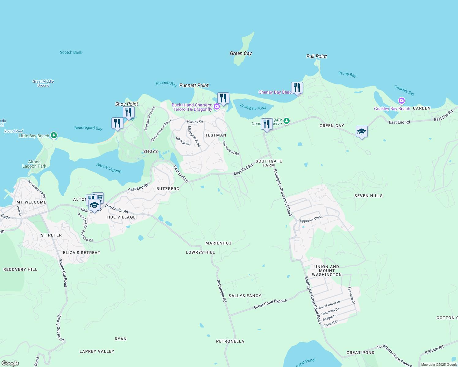 map of restaurants, bars, coffee shops, grocery stores, and more near East End Road in Christiansted