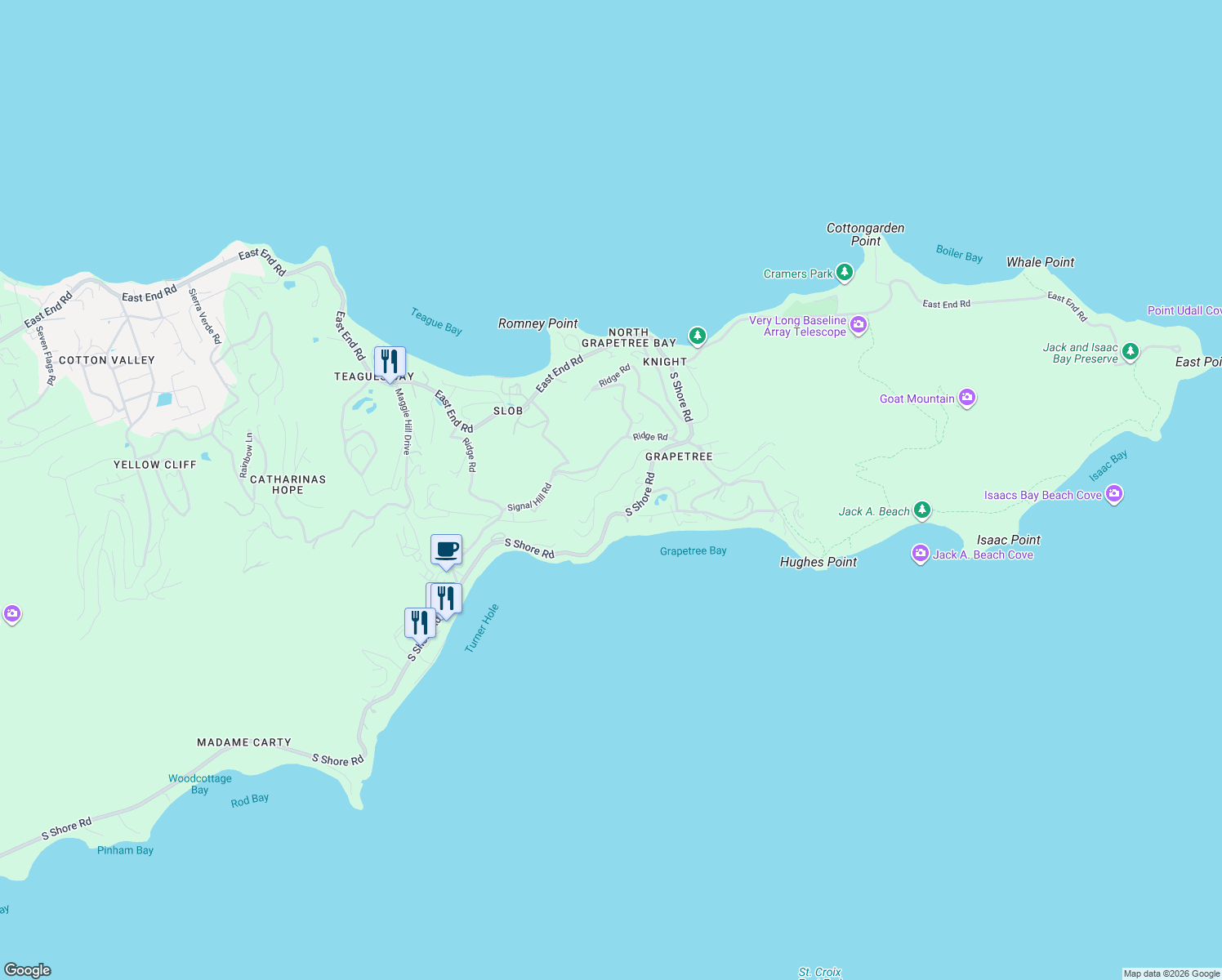 map of restaurants, bars, coffee shops, grocery stores, and more near Terrace Road in East End