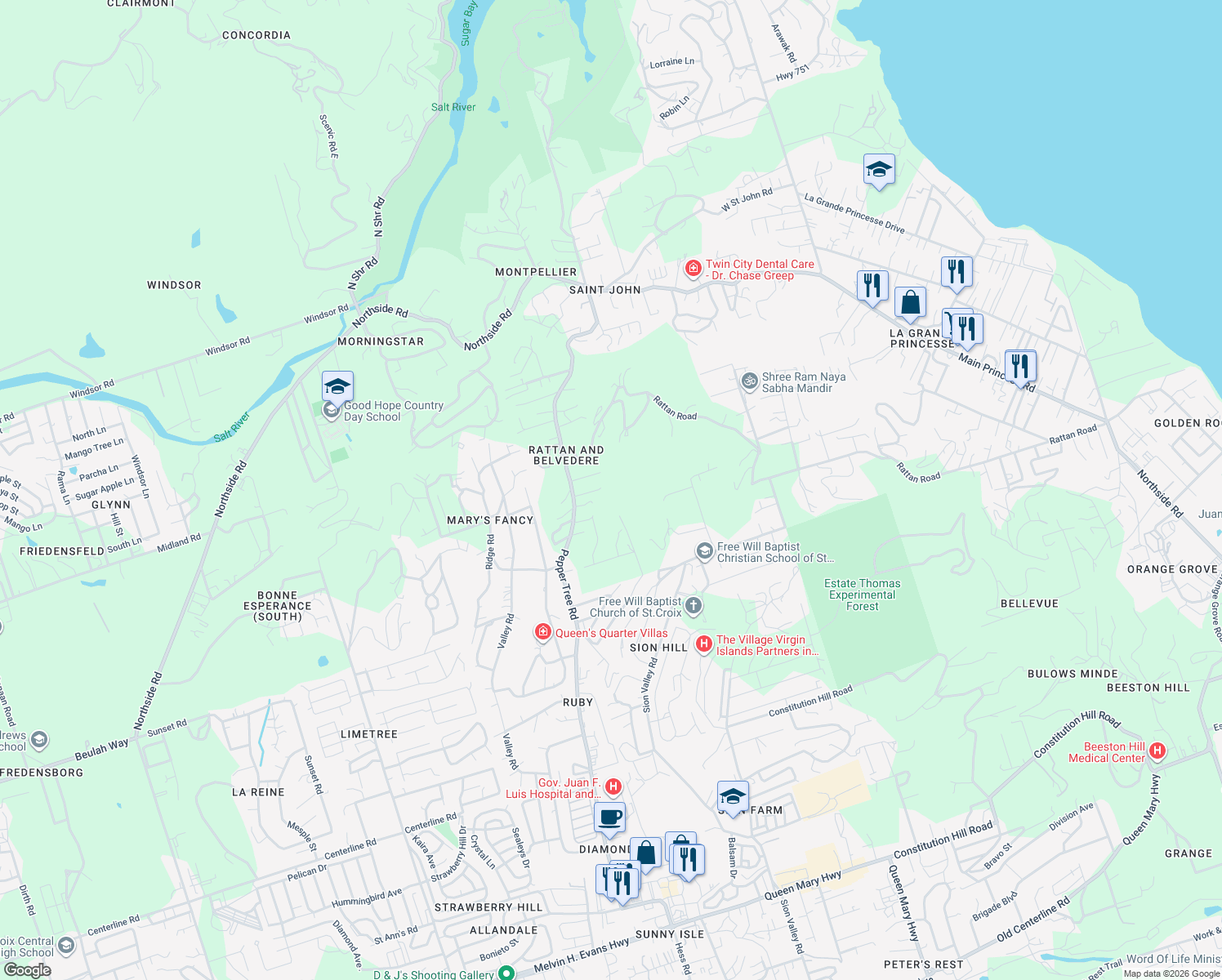 map of restaurants, bars, coffee shops, grocery stores, and more near in Christiansted