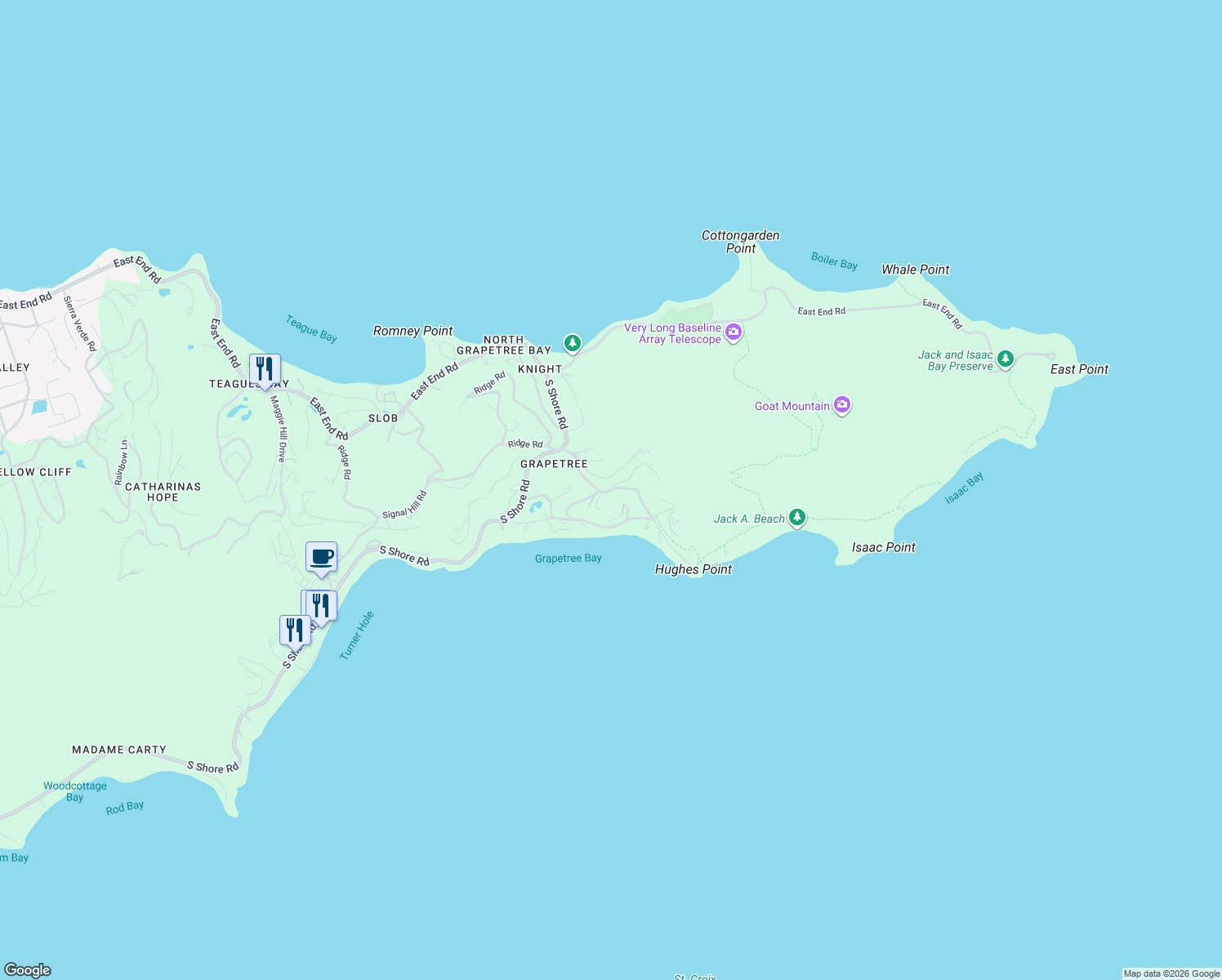 map of restaurants, bars, coffee shops, grocery stores, and more near Sugarbird Road in East End