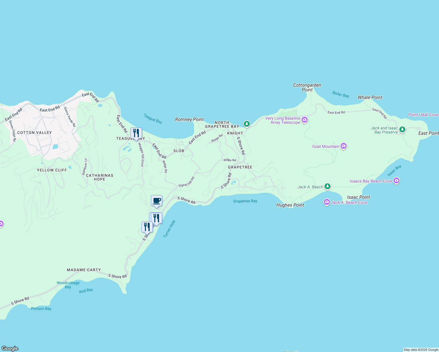 map of restaurants, bars, coffee shops, grocery stores, and more near Terrace Road in Christiansted