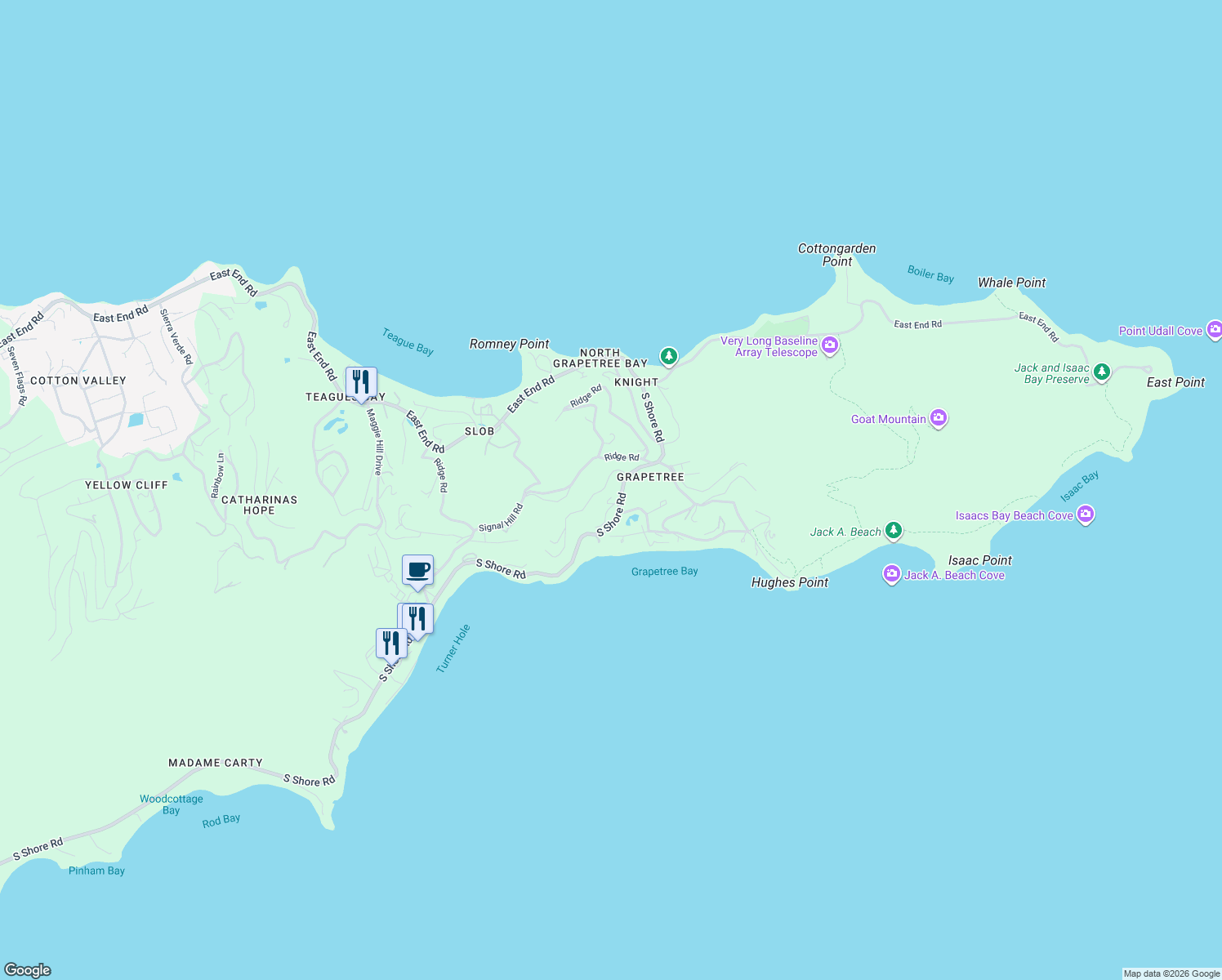 map of restaurants, bars, coffee shops, grocery stores, and more near Terrace Road in Christiansted