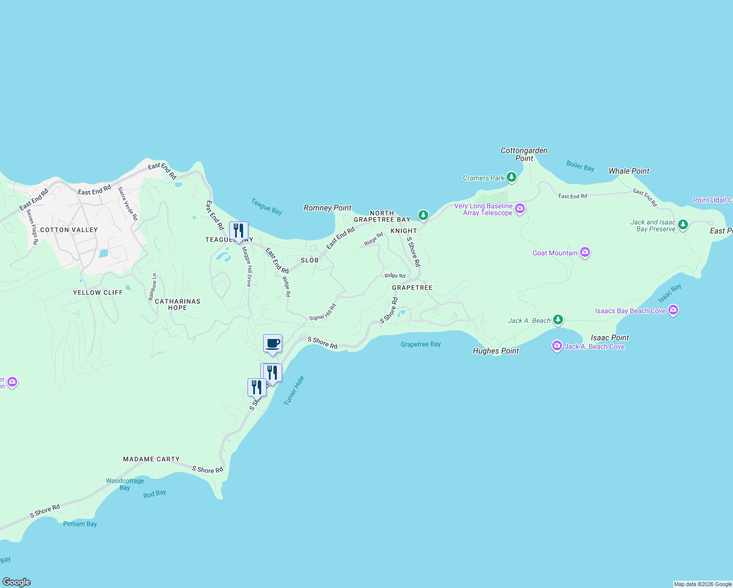 map of restaurants, bars, coffee shops, grocery stores, and more near Ridge Road in Christiansted