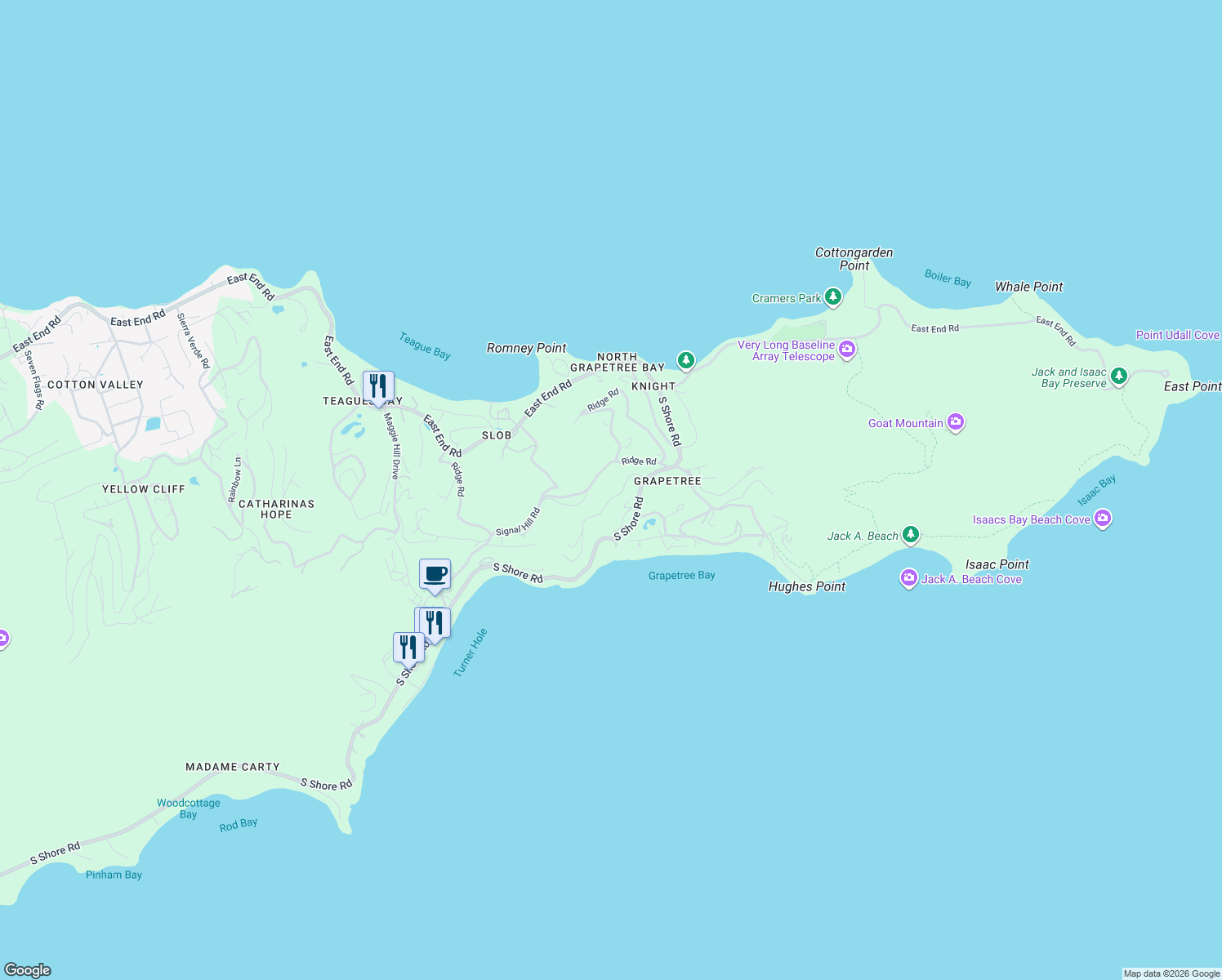 map of restaurants, bars, coffee shops, grocery stores, and more near Terrace Road in Christiansted